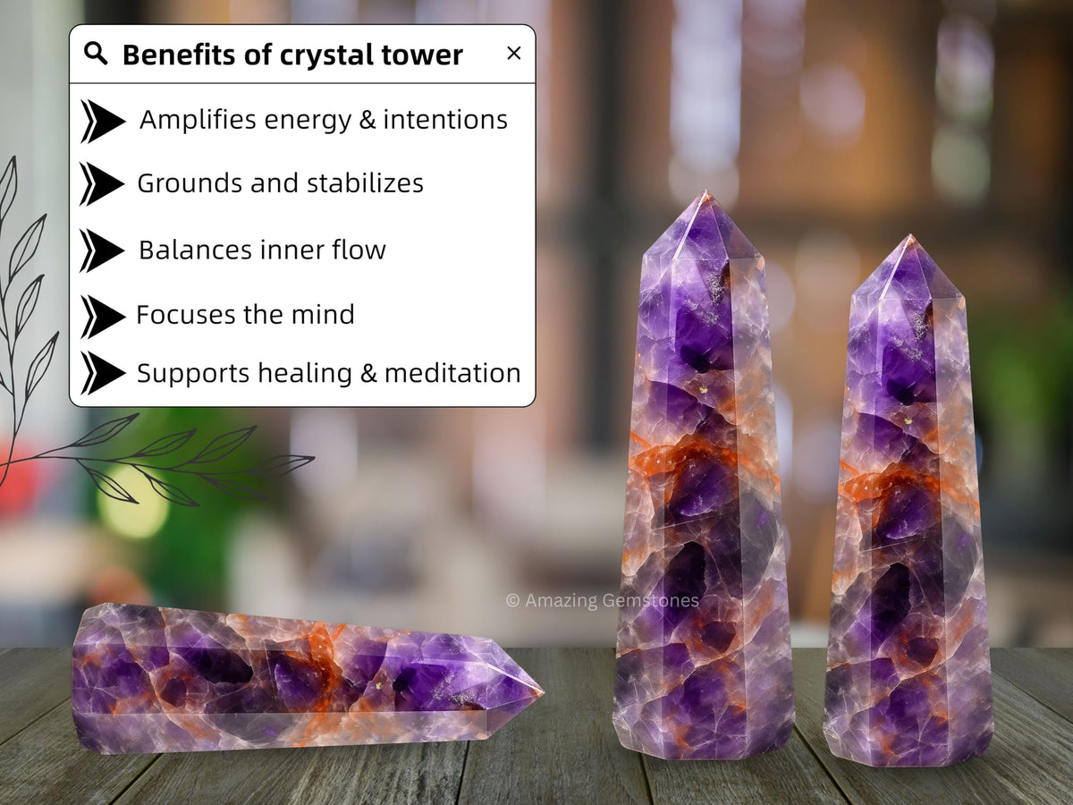 Amazing Gemstone Amethyst Chevron Crystal Towers ~ Natural Healing Crystal Point Obelisk for Reiki Healing and Crystal Grid (3" to 4" INCH)