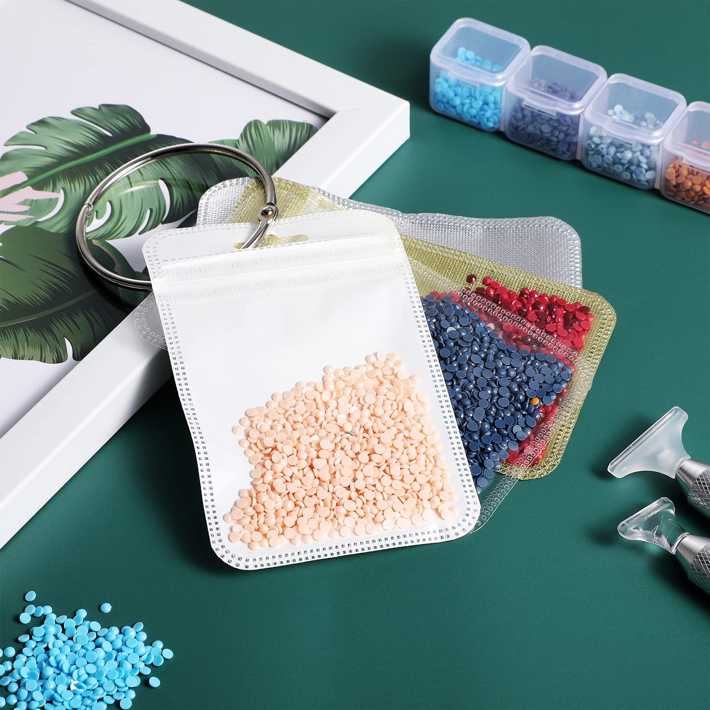 200 Pieces Diamond Painting Accessories Diamond Painting Tools Kit Storage Container Art Resealable Bags with 4 Round Binding Rings, 5 Sheets Number Stickers and 5 Sheets Sticker Label