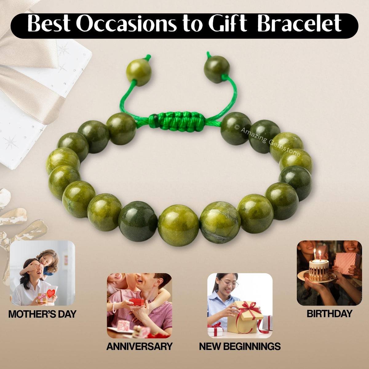 Amazing Gemstone Jade Bracelet, Gifts For Men & Women - Green Jade Protection Healing Crystal Bracelet - 8mm Gemstone Beaded Adjustable Bracelet, Pulseras Para Hombres Mujer Stocking Stuffers