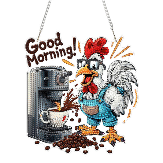 KEYIFA Coffee Diamond Art Hanging Kits with Chain, Special Shaped Drill Diamond Painting Pendant, Rooster Crystal Gem Art Pendant 5D Window Crafts for Wall Garden Door Decor (Width 7.9 in)