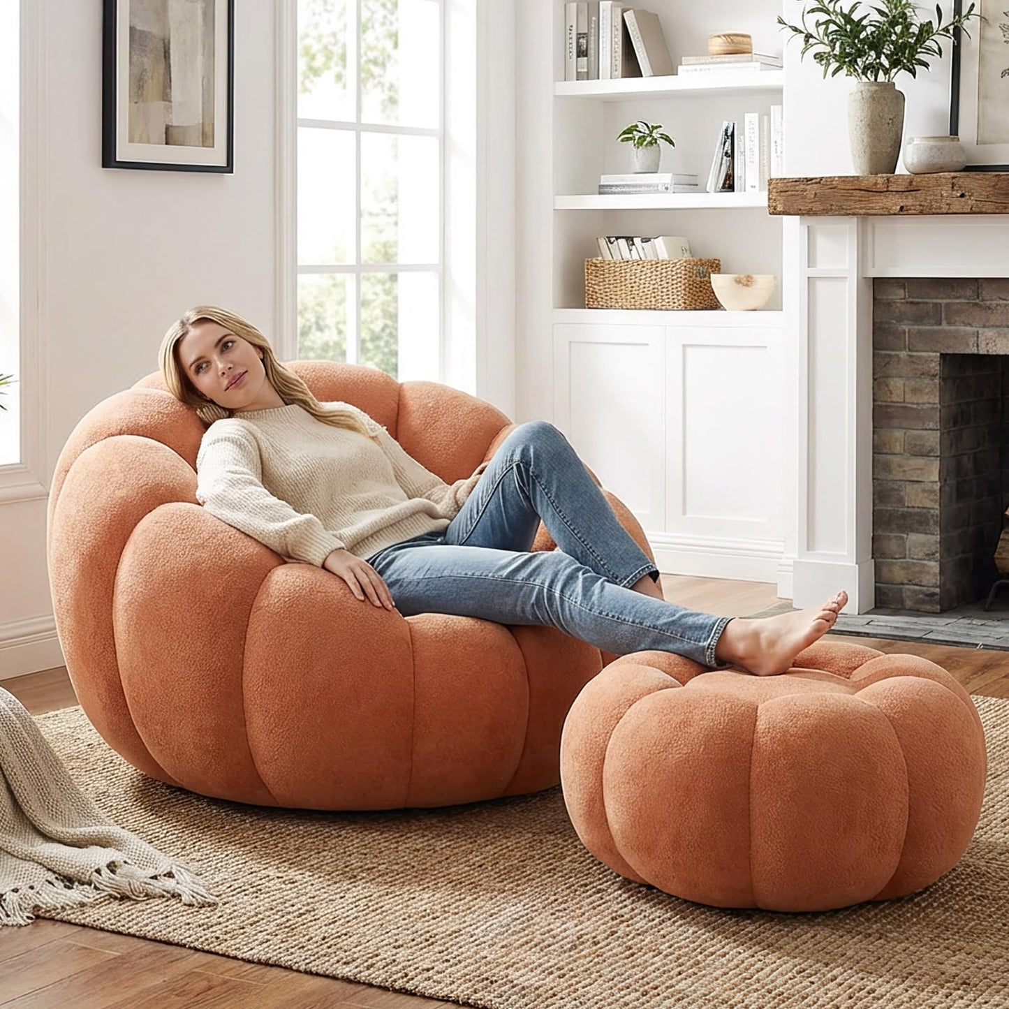 Premium Cloud Velvet Bean Bag Chair Set | 43.3" Ergonomic Pumpkin Lounger & Ottoman for Adults, Thick High-Resilience Foam, No Assembly, Compact for Living Room & Bedroom