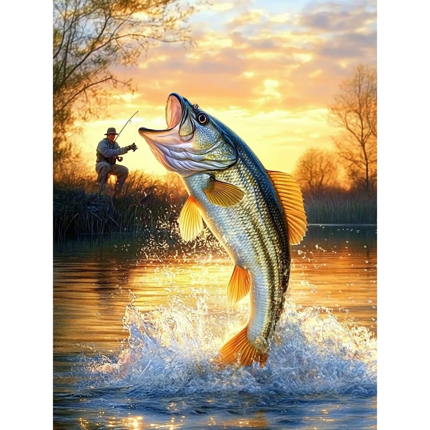 MISCER Fishing Diamond Art Kits for Adults, Fisherman Diamond Painting Kits for Beginners, 5D Full Drill Round Paint with Diamonds Pictures, Gem Art Painting DIY Crafts Kit Decor 12x16inch