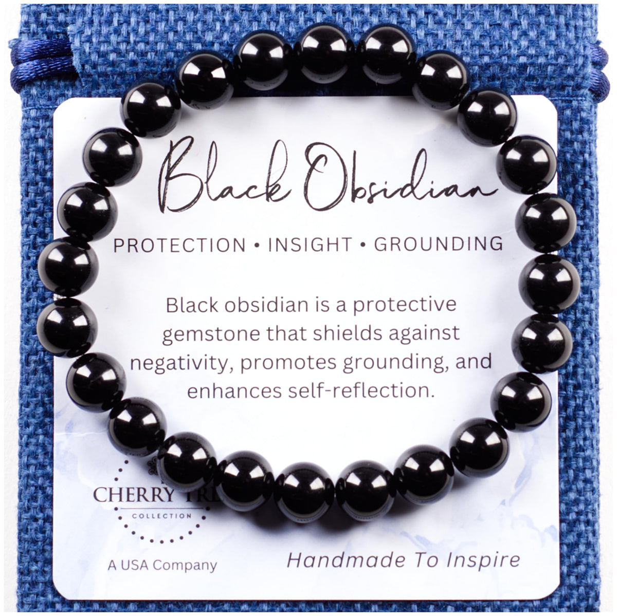 Cherry Tree Collection - Handmade Crystal Beaded Stretch Bracelets For Women and Men - Small, Medium, Large Sizes - Healing Properties Card - 8mm Round Beads (Black Obsidian - Medium)