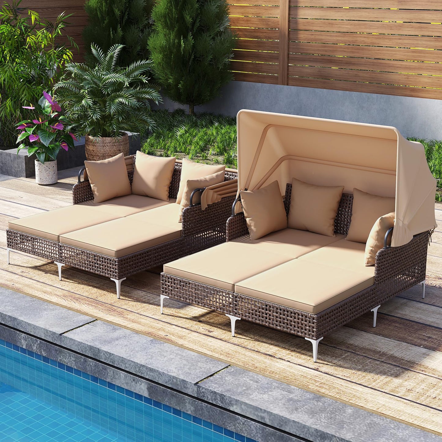 Tangkula Outdoor Rattan Daybed with Retractable Canopy, Boho Patio Wicker Sunbed with Metal Support, Pillows & Cushions, Outdoor Double Chaise Lounge with Shade for Backyard, Poolside, Deck & Balcony