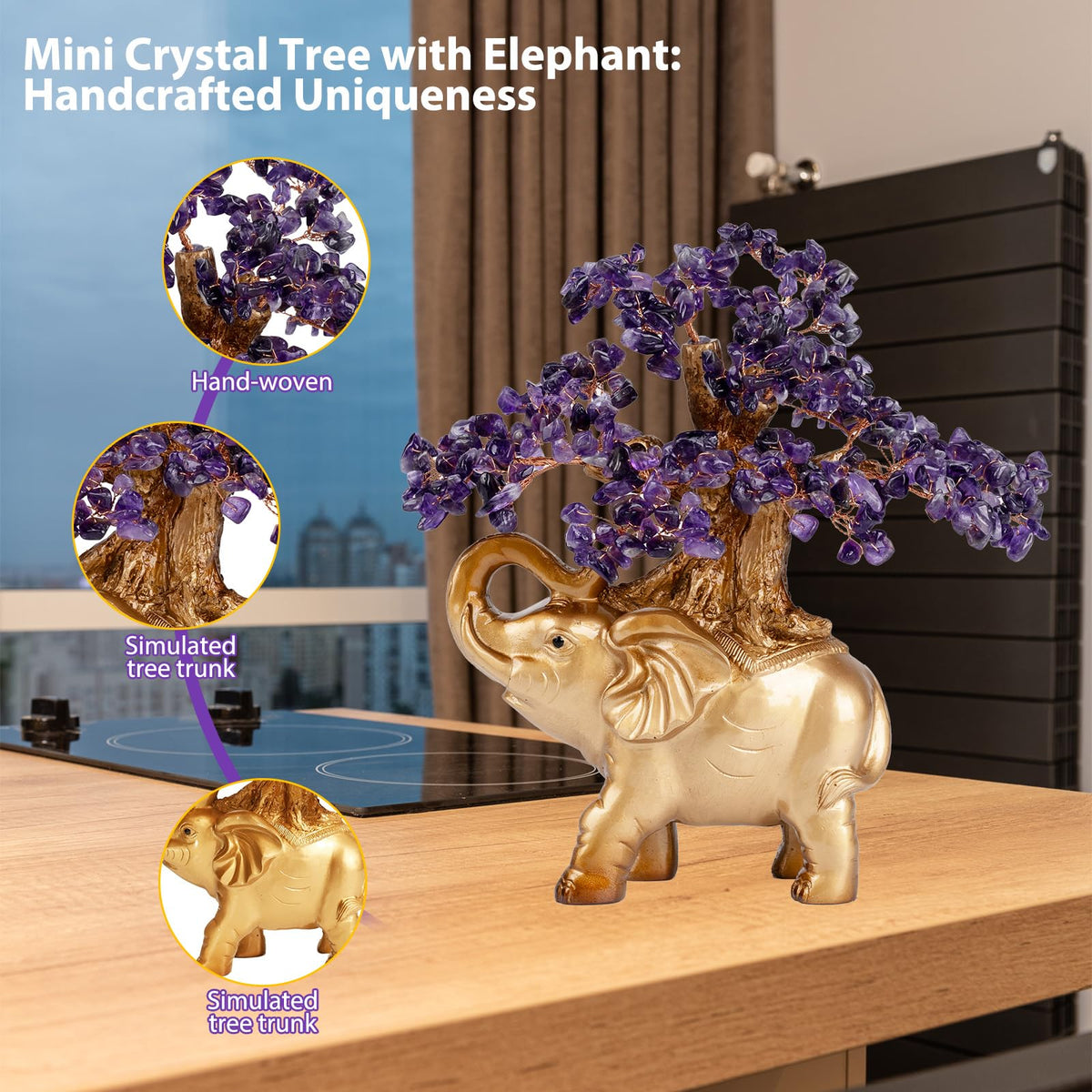 GEMBOURY Amethyst Crystal Money Tree on Gold Mini Elephant Statue, 10”Gemstone Bonsai Tree of Life Home Décor Gifts for Wealth Positive Energy, Feng Shui Décor