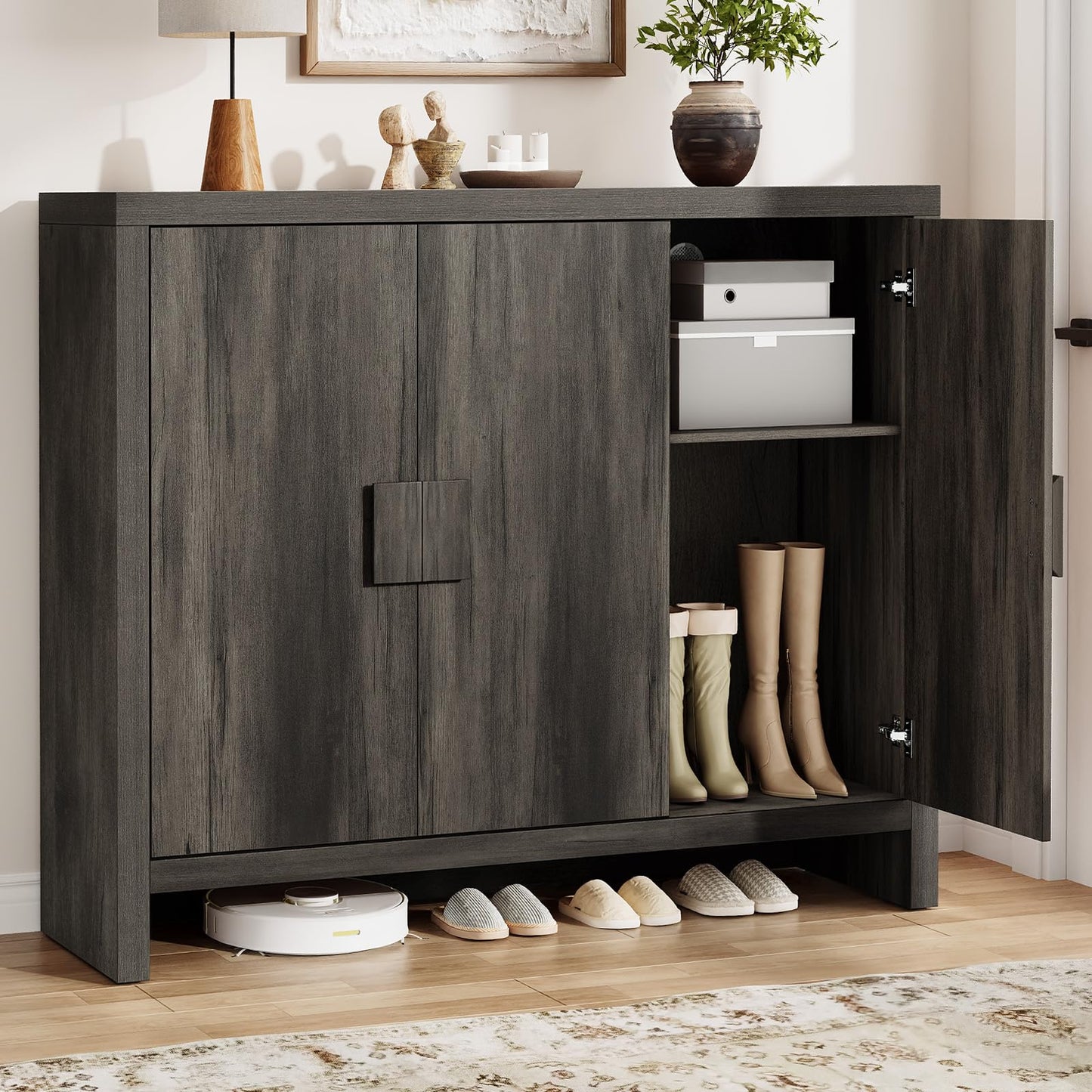 ONBRILL Shoe Cabinet with 3 Doors, 30 Pairs Shoe Storage Cabinet with Adjustable Shelves & Ventilation Hole Design, 47'' Wide Shoe Rack Shoe Organizer Cabinet for Entryway Living Room (Black Smoky)