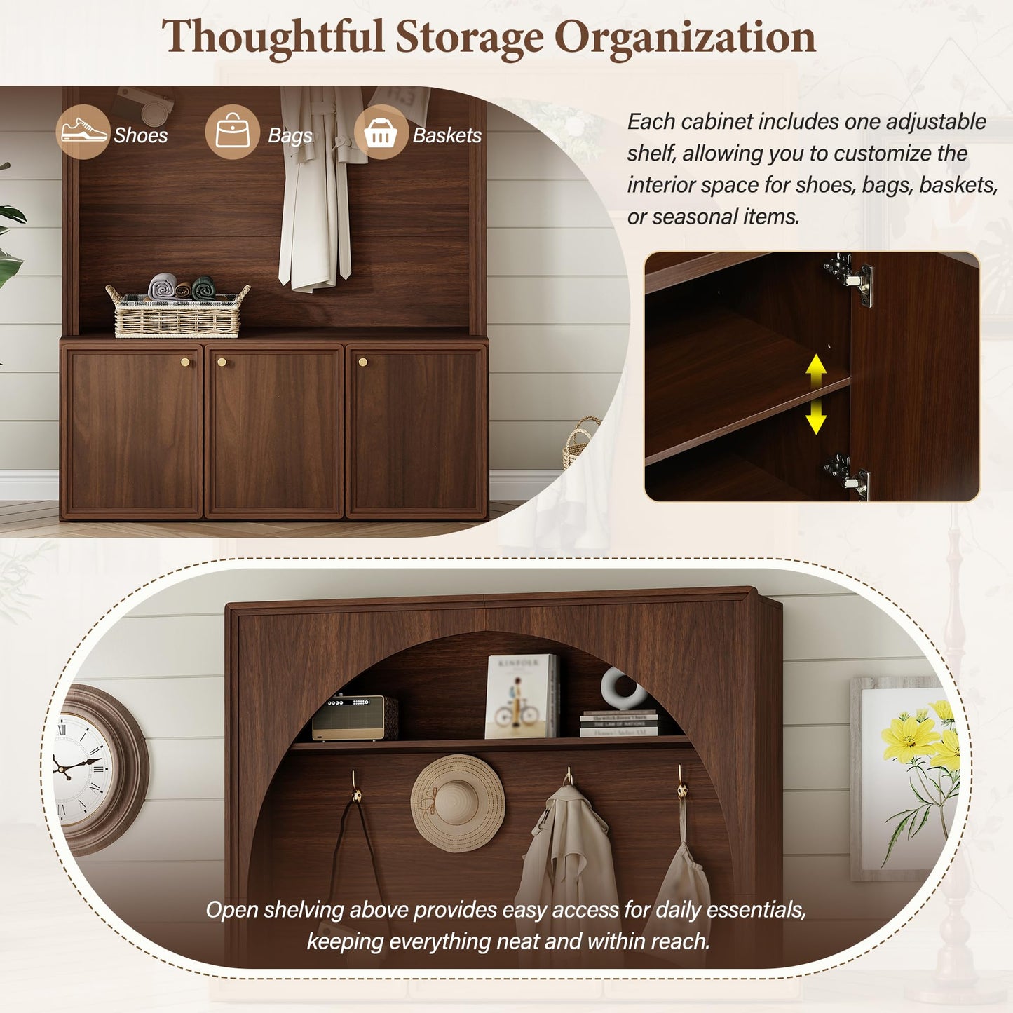 roomfitters Modern Arched Entryway Hall Tree with 3 Storage Cabinets, Upper Shelf and Coat Hooks for Mudroom, Walnut