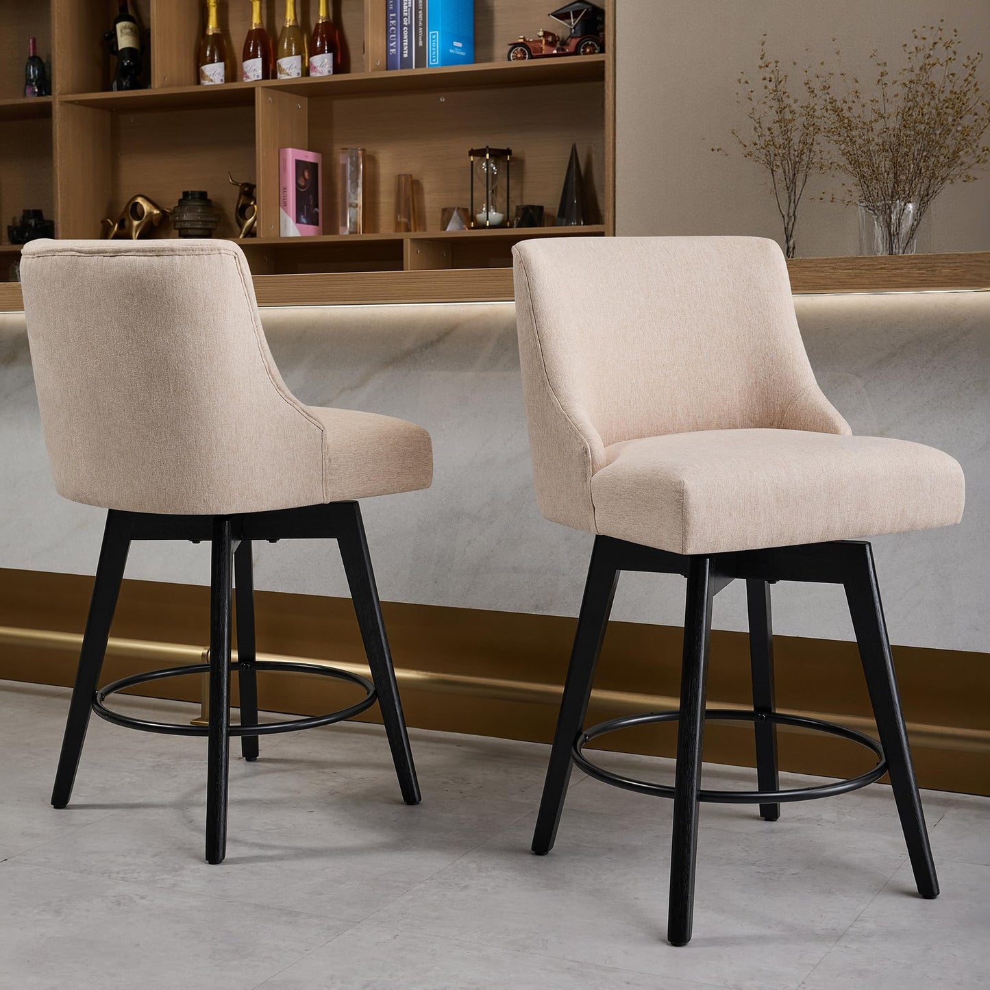 Erdoru Counter Height Bar Stools Set of 4,Swivel Barstools with Backs and Wood Legs,Linen Fabric Upholstered Counter Stools for Kitchend Island,Mid-Century Modern 26"Seat Height Bar Chairs,Flax Beige
