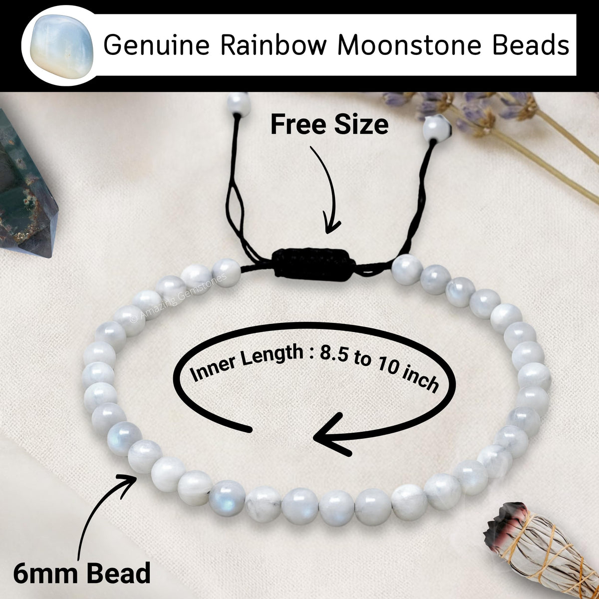 Amazing Gemstone Rainbow Moonstone Anklet Ankle Bracelets for Women - Waterproof Beaded Healing Crystal Anklets, Plus Size Chakra Gemstone Bead Anklet (Stretchy Adjustable - Plain)