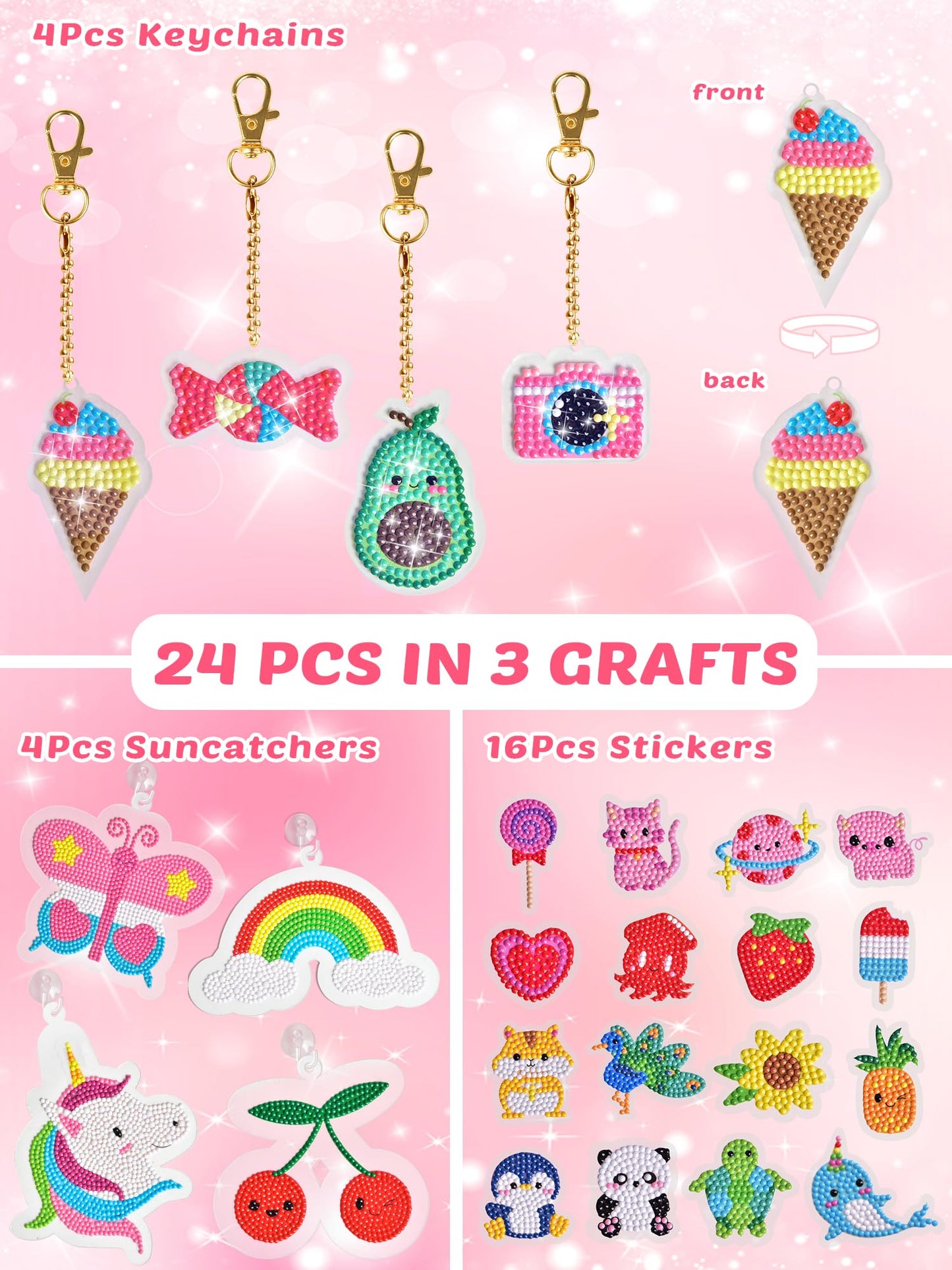 FUN LITTLE TOYS 24Pcs Diamond Art Kits, Diamond Painting Kits, Arts and Crafts for Kids Ages 6-12, Gem Art As Gifts Ideas for Girls and Boys, Small Diamond Painting Stickers, Kids Craft Age 6+