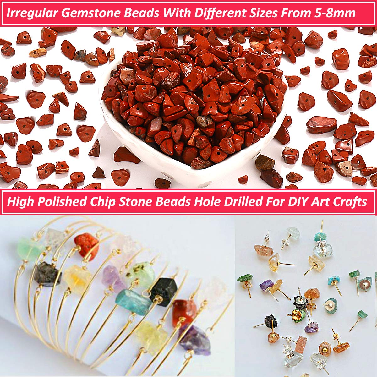 Natural Chip Stone Beads for Jewelry Making, Irregular Gemstone Loose Beads Crushed Chunked Crystal Pieces Rock Beads Hole Drilled for DIY Art Crafts (Red Jasper)