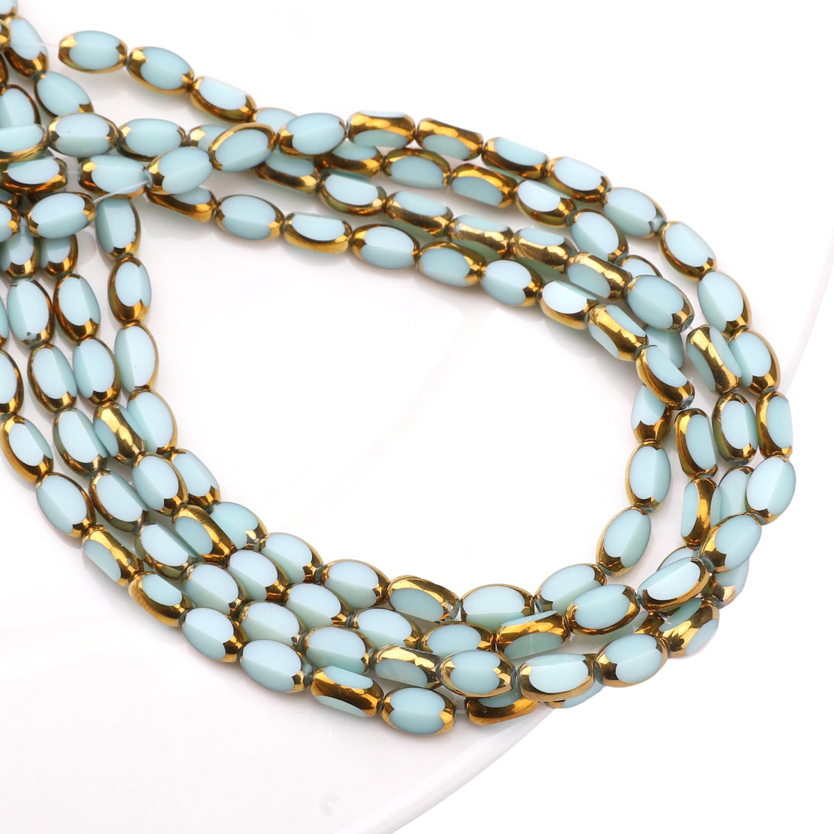 DADIFEN Glass Rice Beads Peacock Green 4x6mm 50pcs Faceted Oval Golden Edge Crystal Loose Beads for DIY Craft Jewelry Making