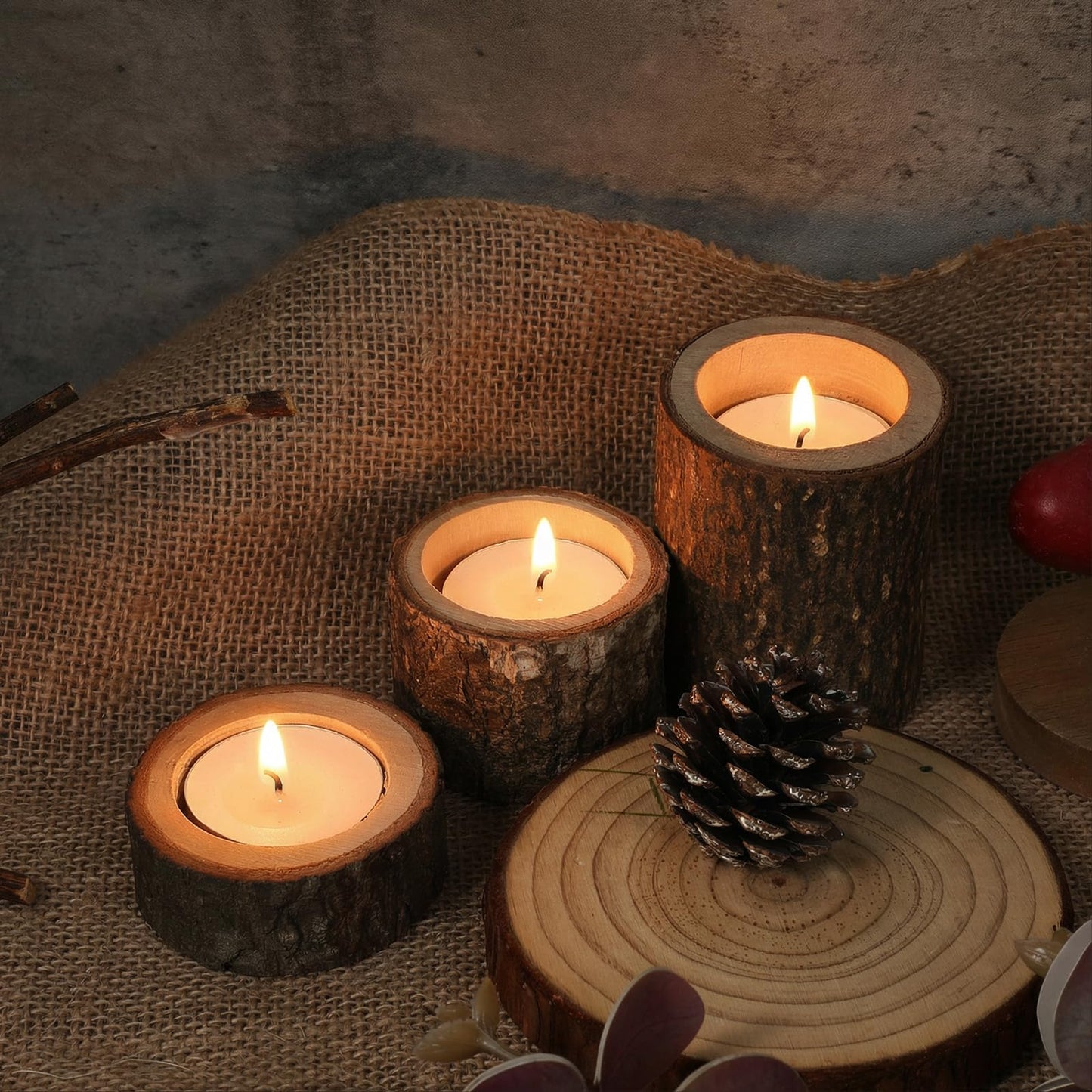 Set of 15 Rustic Wooden Tea Light Candle Holders | Natural Wood Votive Holders in 3 Sizes for Wedding, Party, and Home Table Decor
