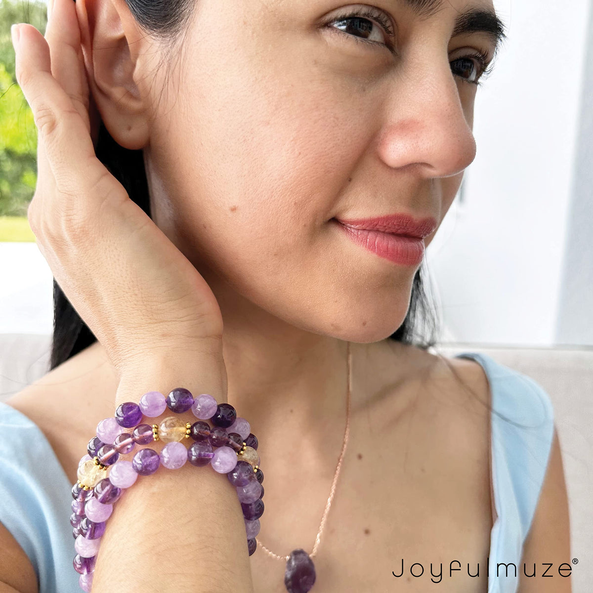 Joyfulmuze Stretch Bracelets, Natural Gemstones Amethyst, Citrine, Rose Quartz, Clear Crystal Quartz, Moomstone Peridot Teger Eyes, Handmade Gift for Women and Men (Amethyst Dark + Light)