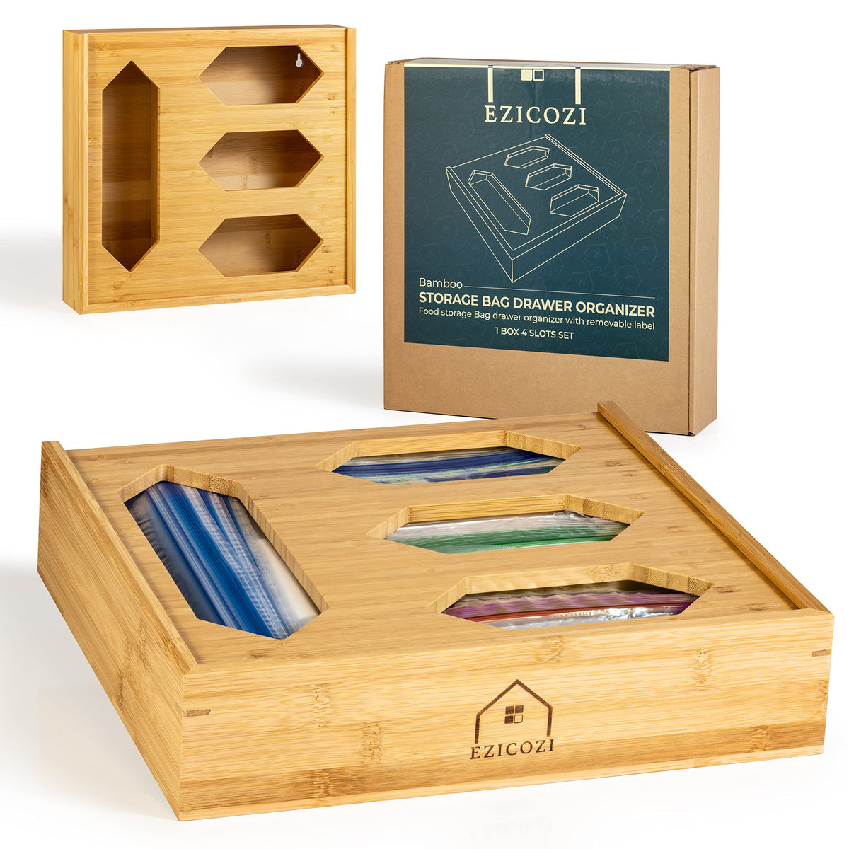 EZICOZI Durable Storage Solution with Kitchen Drawer Organizer - Durable Bamboo Material, 4 Storage Compartments, For Ziplock Gallon, Snack, Sandwich, and Quart Bags, Complete with Label Stickers
