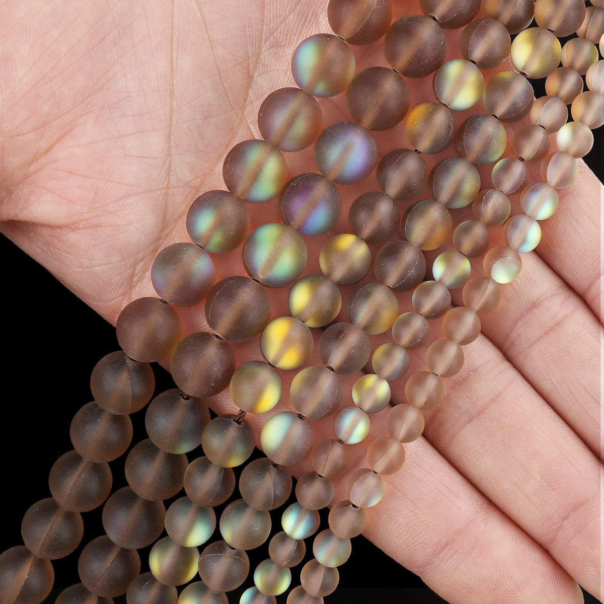 Matte Brown Aurora Crystal Glass Beads, 6MM Frosted Glitter Shining Mermaid Round Loose Beads, Rainbow Holographic Synthetic Moonstone for Jewelry Making DIY Bracelet