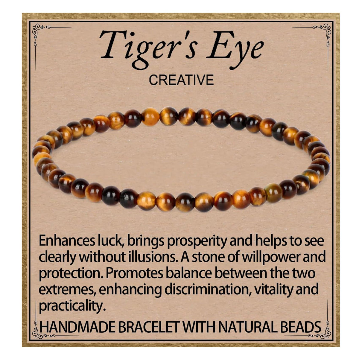 LPBeads Handmade Natural Gemstone Stretch Elastic 4mm Yellow Tiger's Eye Bracelet Healing Crystal Round Stone Beads Jewelry Gifts for Women Men