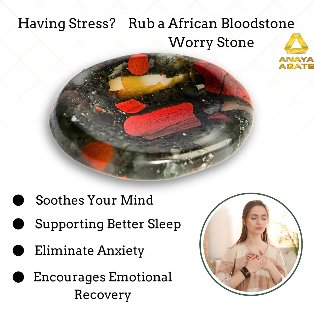 Anaya Agate African Bloodstone Worry Stones Certified Crystal Thumb Worry Stone for Anguish, Relaxing and Soothing Balance Stones for Meditation Stress Relief Crystals and Healing Stones for Men Women