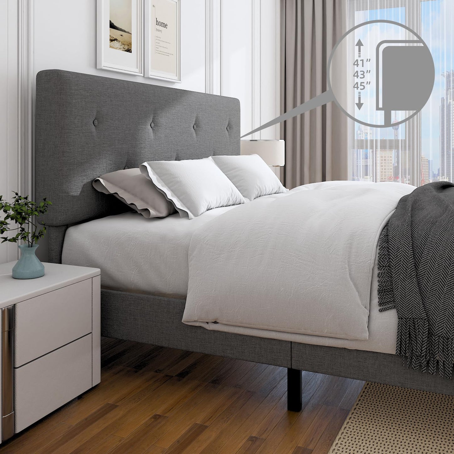Mxhtcewz King Size Linen Bed Frame, Upholstered Platform Bed Frame with Adjustable Headboard, Wooden Slats Support, No Box Spring Needed, Easy Assembly, Grey