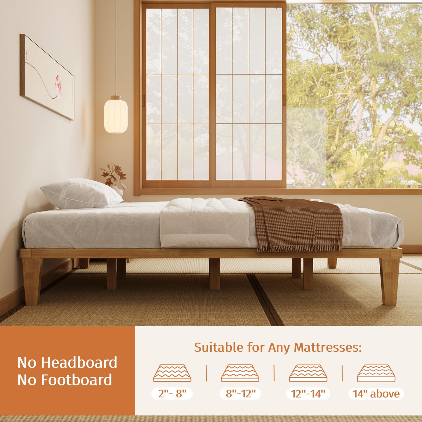 IOTXY Queen Platform Bed Frame - 12 Inch Solid Wood Mattress Foundation Base with Heavy-Duty Support Slats & Legs, Rubberwood Queen-Size Bedframe