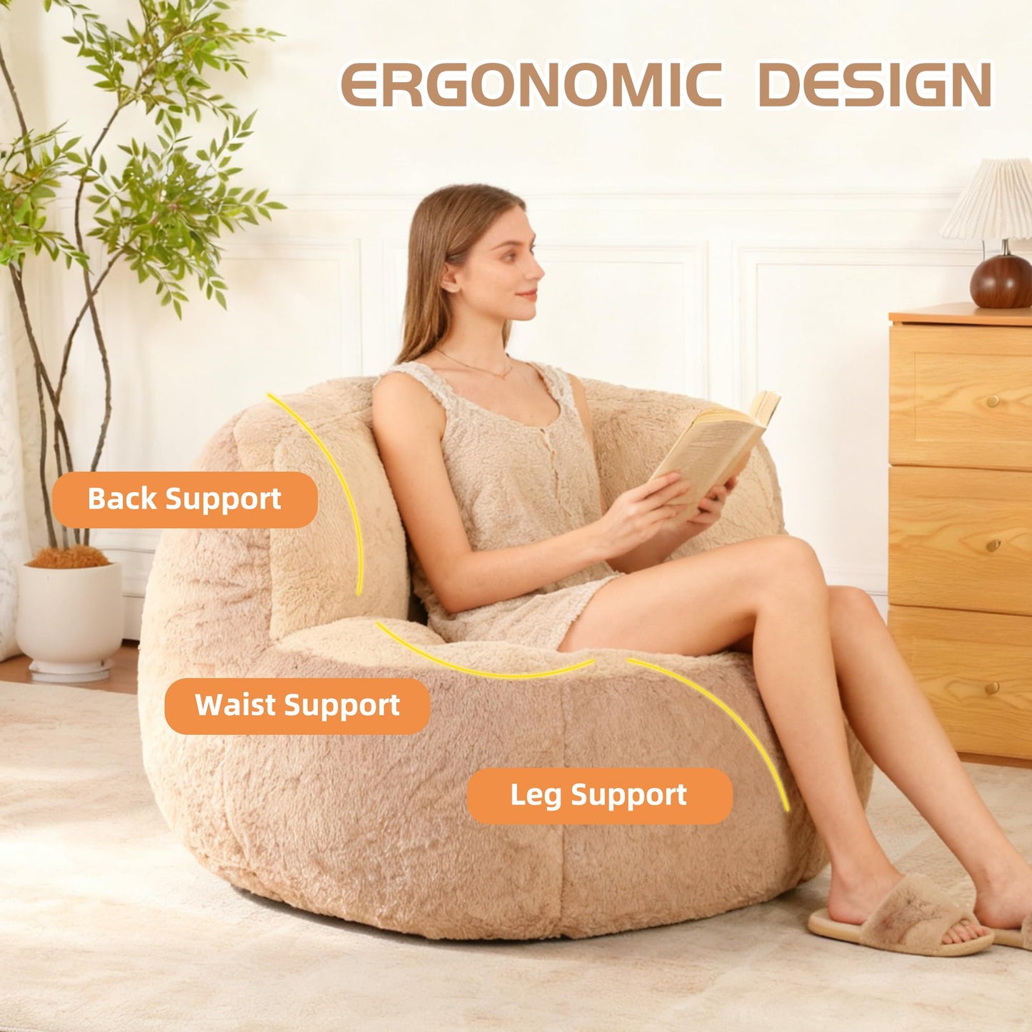 Amacv Oversized Bean Bag Chairs,Multicolor Faux Fur Couch Filled with Shredded Sponge,Large Lounger Sofa for Living Room,No Assembly Required,Brown+Camel