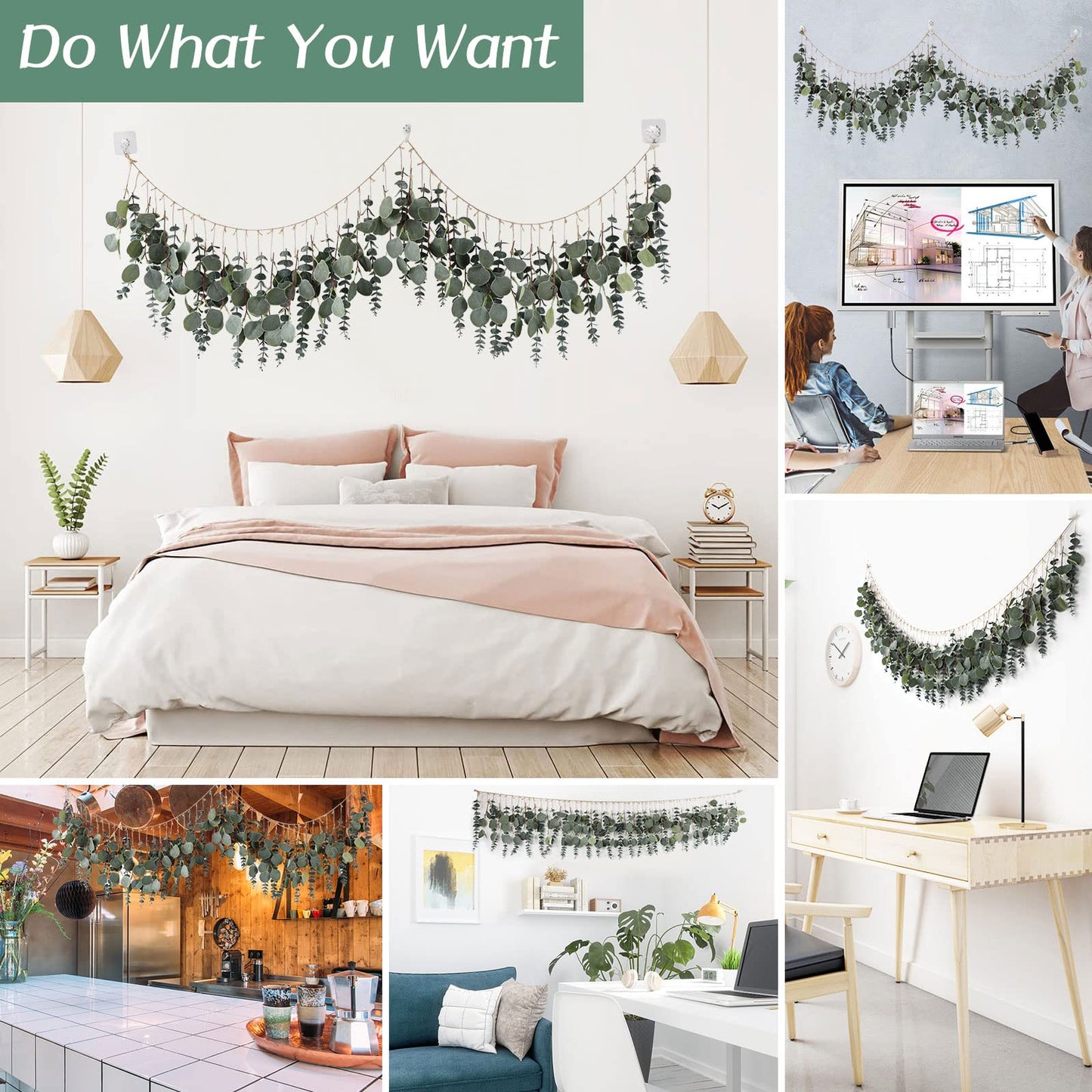 WEHYFGB Eucalyptus Wall Decor Boho Wall Decor Hanging Artificial Eucalyptus Strand Fake Plant Leaves Decoration for Bedroom Office Kitchen Home Decorations