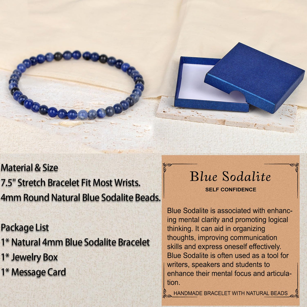 LPBeads Handmade Natural Gemstone Stretch Elastic 4mm Blue Sodalite Bracelet Healing Crystal Round Stone Beads Jewelry Gifts for Women Men