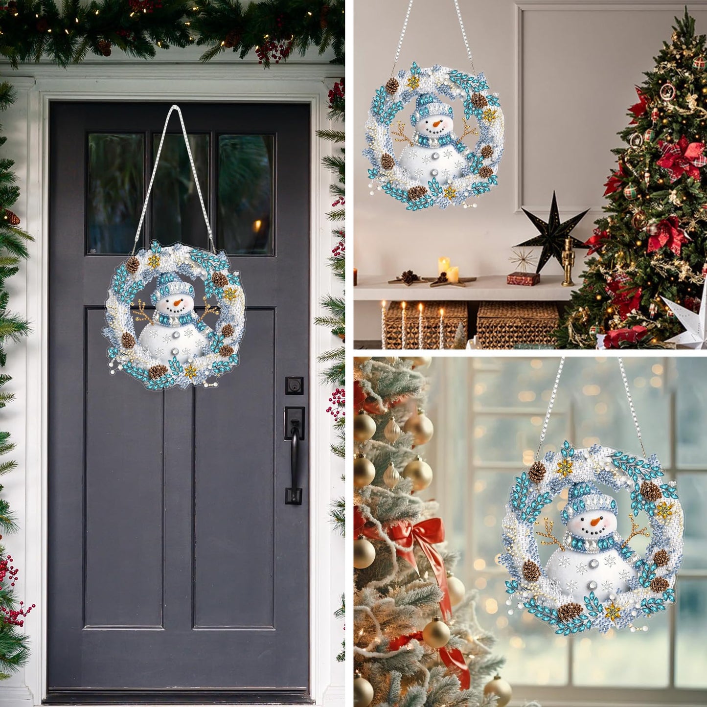 MEIYUDA Snowman Diamond Art Hanging Kits for Adult, Snowman Winter Wreath Diamond Painting Hanging Kits Ornaments, DIY Special Shaped Rhinestone Window Pendants kit for Home Garden Wall Decor