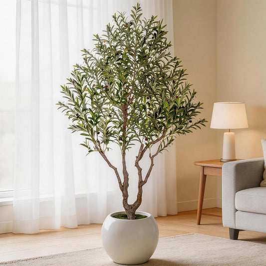 Artificial Olive Tree 8FT Tall Faux Olive Tree Premium Artificial Indoor with Natural Wood Trunk and Lifelike Fruits Realistic White Round Planter Potted for Home Office Living Room Decor
