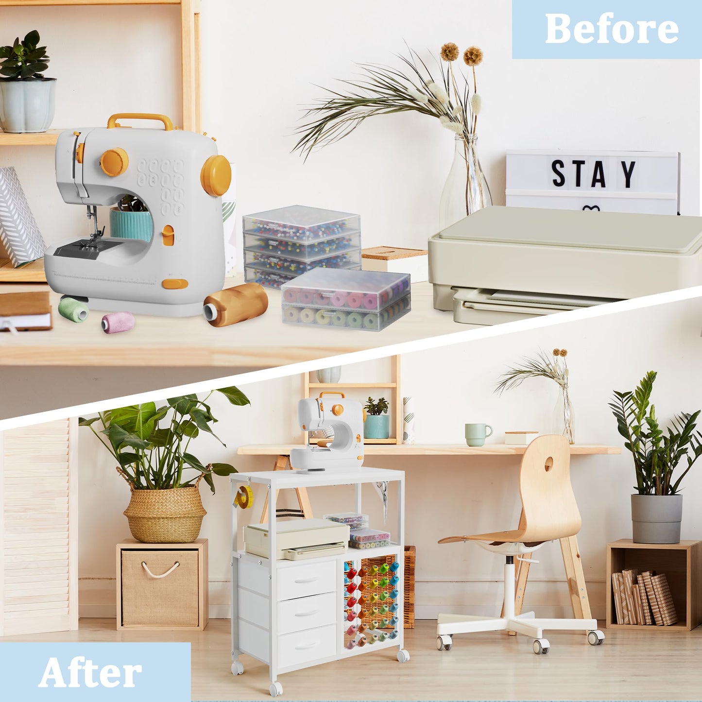 Sewing Table with 60 Spools Thread Holder and 3 Fabric Drawers, Rolling Sewing Machine Table for Storage Embroidery Machine, Rolling Craft Table Cart for Sewing Organizer, White, Patent Pending
