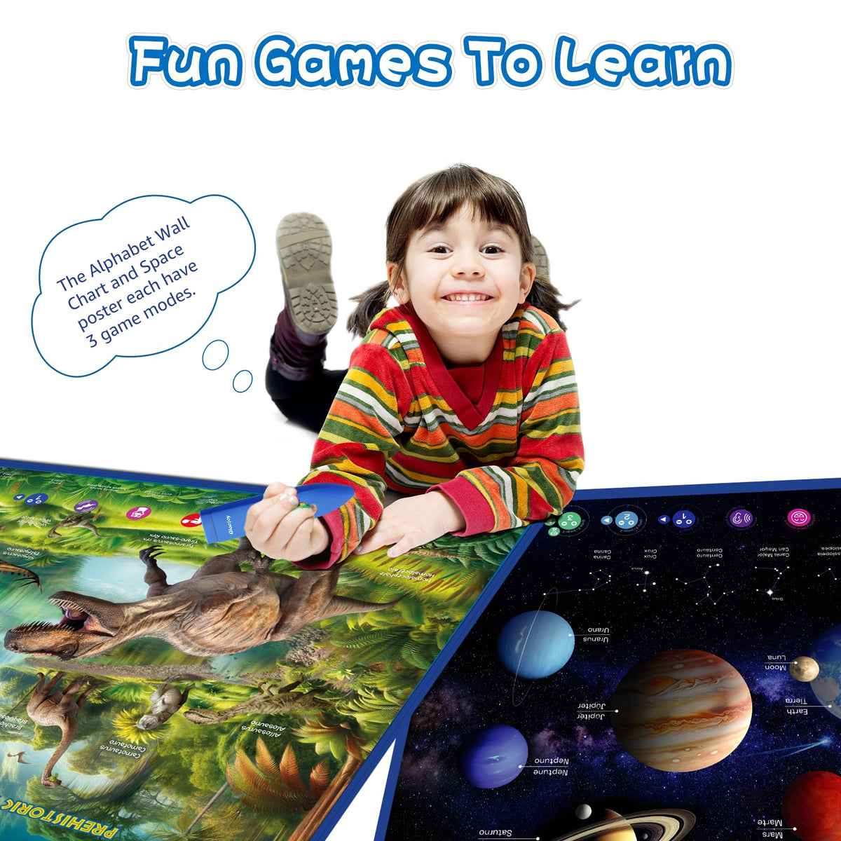 Bilingual Interactive for Kids Talking Dinosaur & Space Poster for Kids Learning and Educational Toys,Talking Educational Dinosaur Toy for Ages 3 to 12 Years Old,Space Theme Wall Decor for Preschool