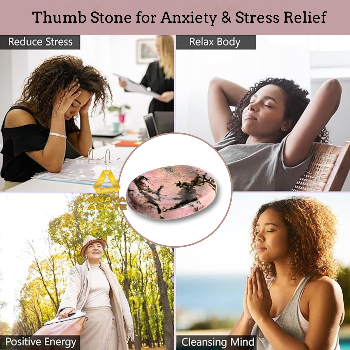 Anaya Agate Rhodonite Worry Stones Certified Crystal Thumb Worry Stone for Anguish, Relaxing and Soothing Balance Stones for Meditation, Stress Relief Crystals and Healing Stones for Men, Women