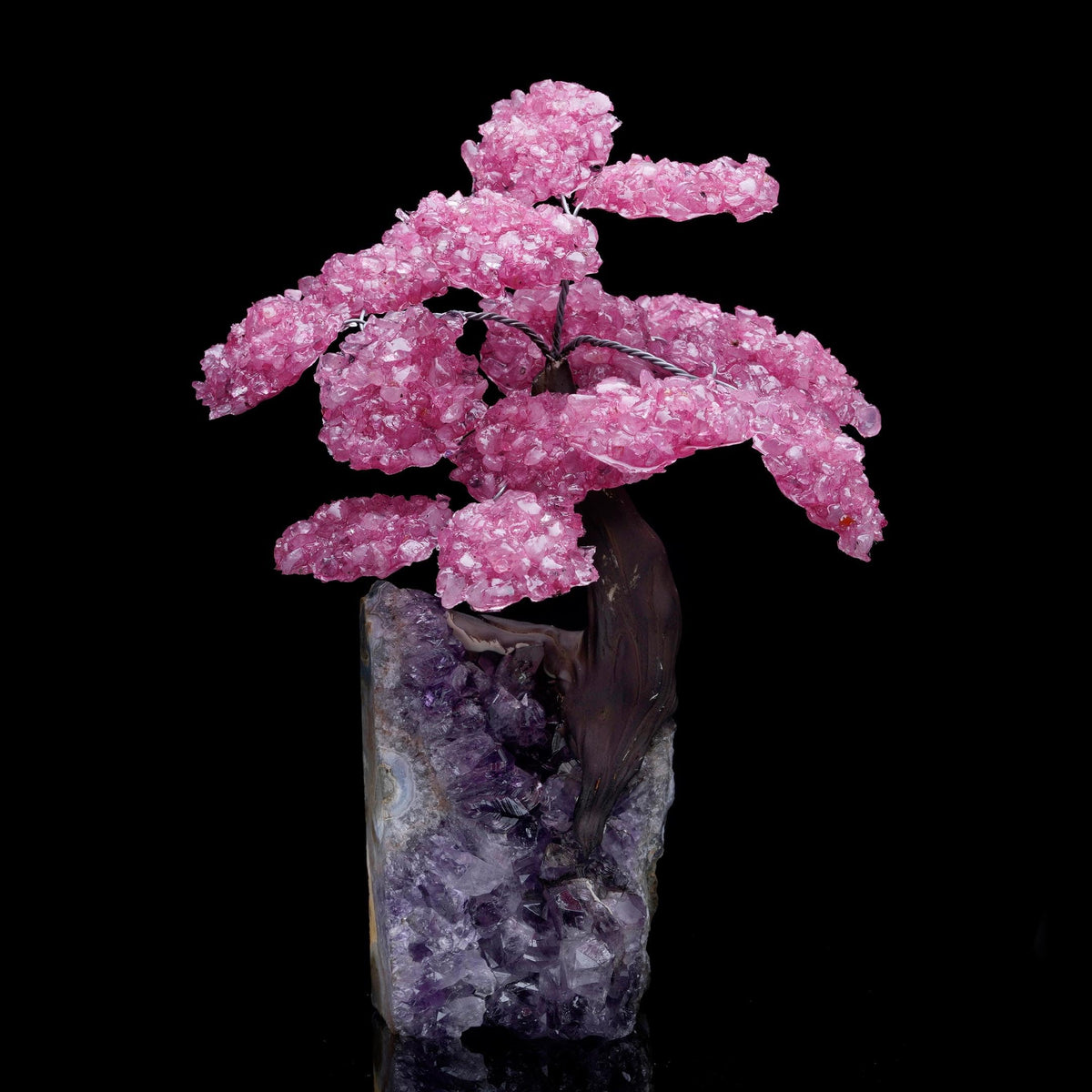 Rose Quartz Gemstone Tree on Amethyst Base, Crystal Tree with Natural Rose Quartz and Amethyst Stone, Decorative Healing Crystal Bonsai Tree
