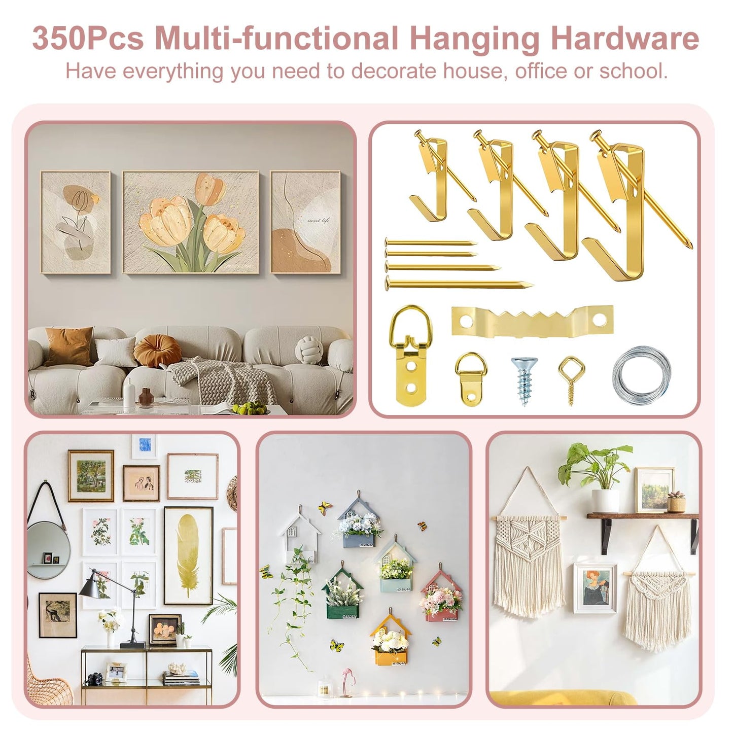 TOYIEW Picture Hanging Kit Tool, 352pcs Hanging Hardware with Heavy Duty Frame Hooks, Wire, Nails, D Rings, Photo Sawtooth Hangers, Wall Art Hanging Kit with Laser Level, Pink Claw Hammer