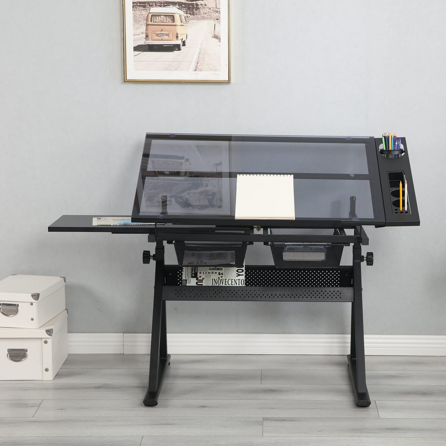 Adjustable Drafting Table with 0-75° Glass Top, Height Adjustable Standing Desk for Artists, Writing Desk for Home Office, Computer Desk with Storage, Black Long Desk for Designers & Art Students,A-1