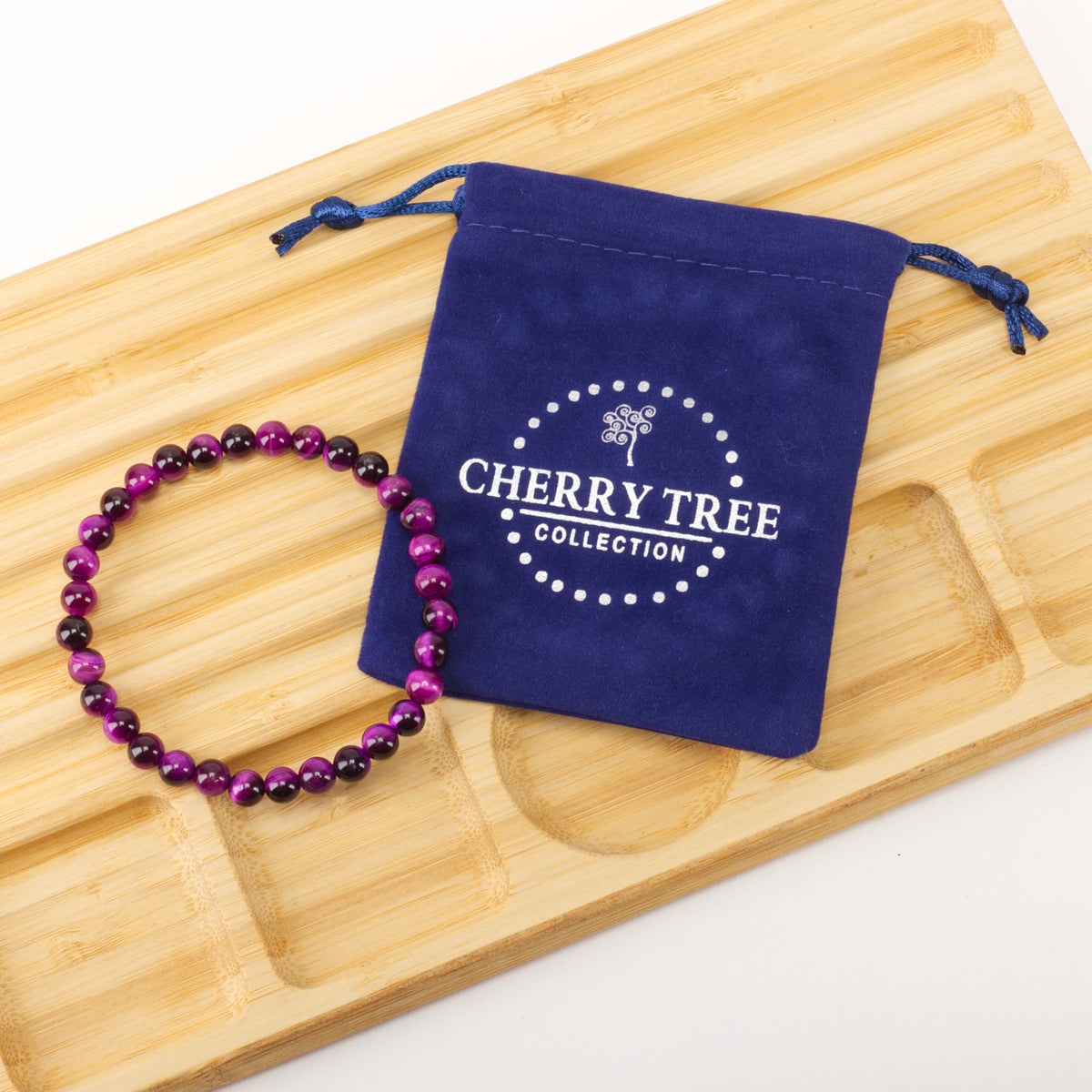 Cherry Tree Collection - Small, Medium, Large Sizes - Gemstone Beaded Bracelets For Women and Men - 6mm Round Beads (Purple Tiger's Eye - Medium)