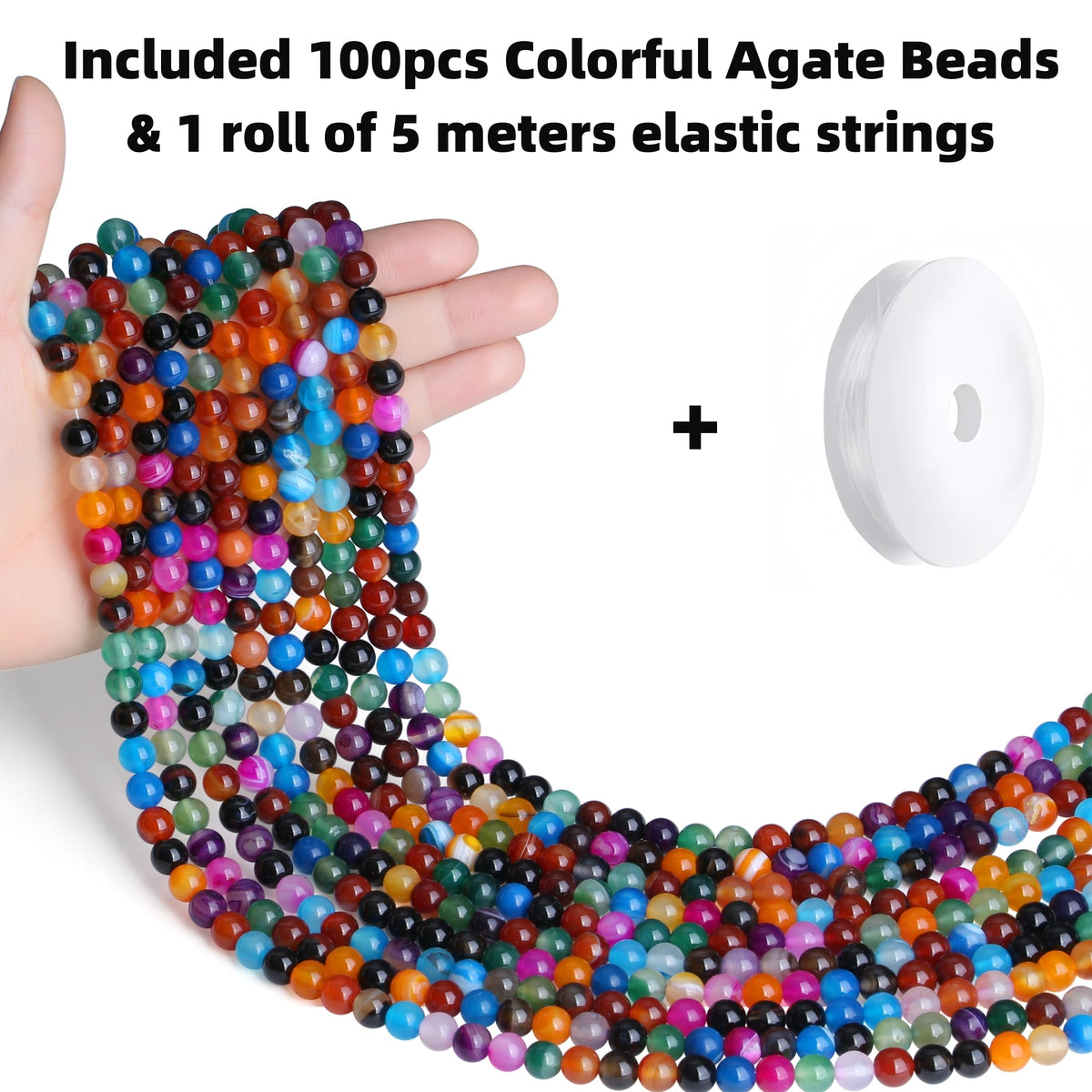 QINJIEJIE 100pcs Colorful Agate Stone Beads - 8mm Round Loose Gemstone Stone Beads for DIY Bracelet, Necklace, Earrings & Jewelry Making