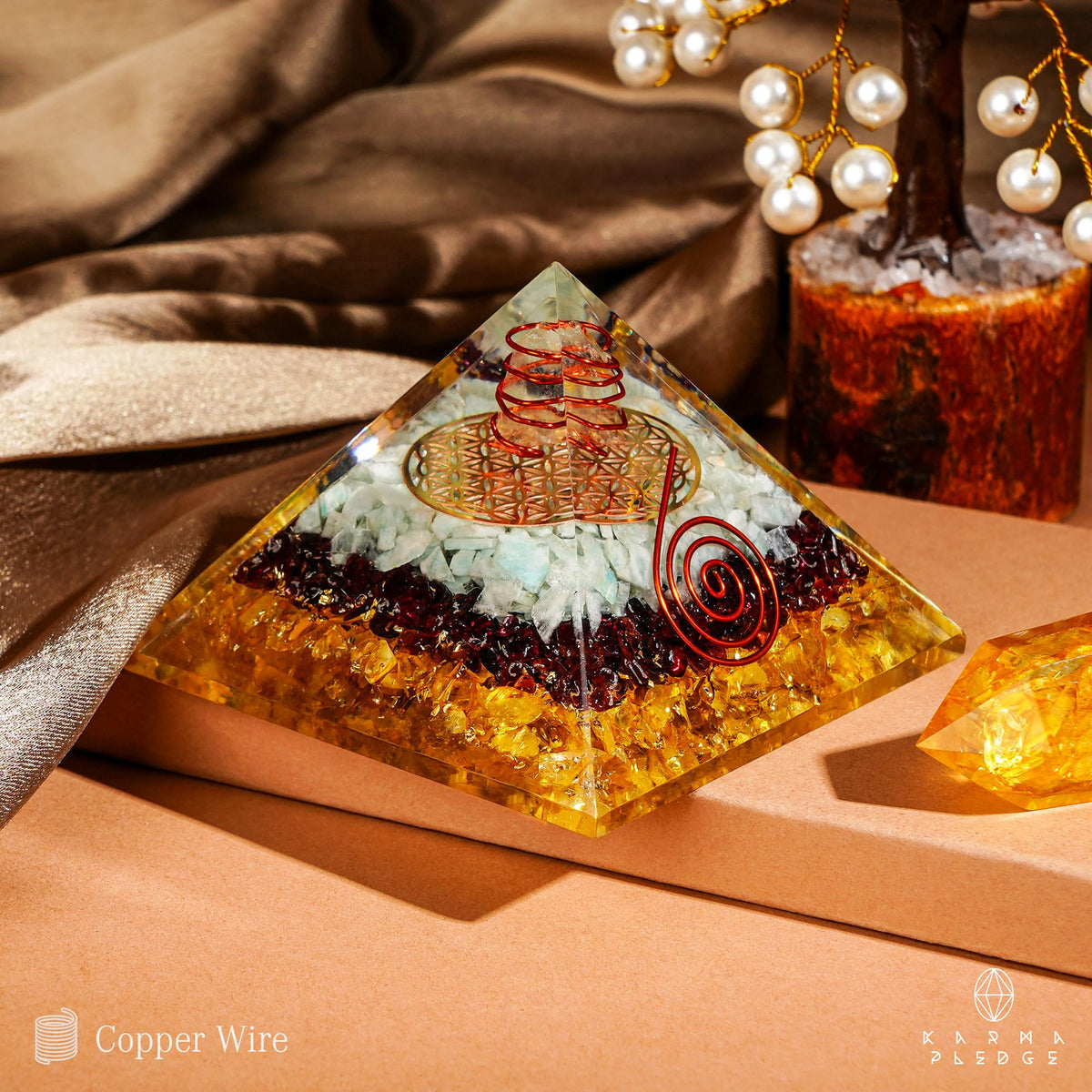 Chakra Healing Crystal Pyramid, Unique Birthday Gifts for Womens, Mom, Love One, Citrine Clear Quartz Orgonite Orgone Pyramid for Meditation, Balance, Positive Energy, Success, Office Desk Decor