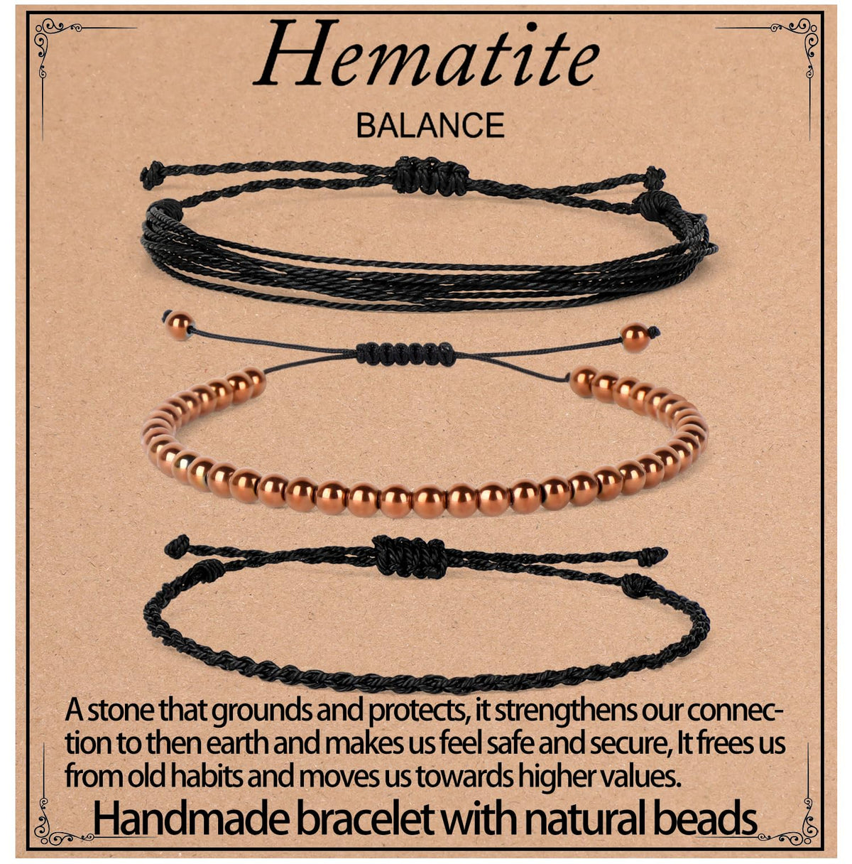 QOGIR Handmade Healing Bracelet,4mm Natural Copper Hematite Gem Stone Beads Bracelet Gifts for Men Women with 2PCS Size Adjustable Rope Bracelets