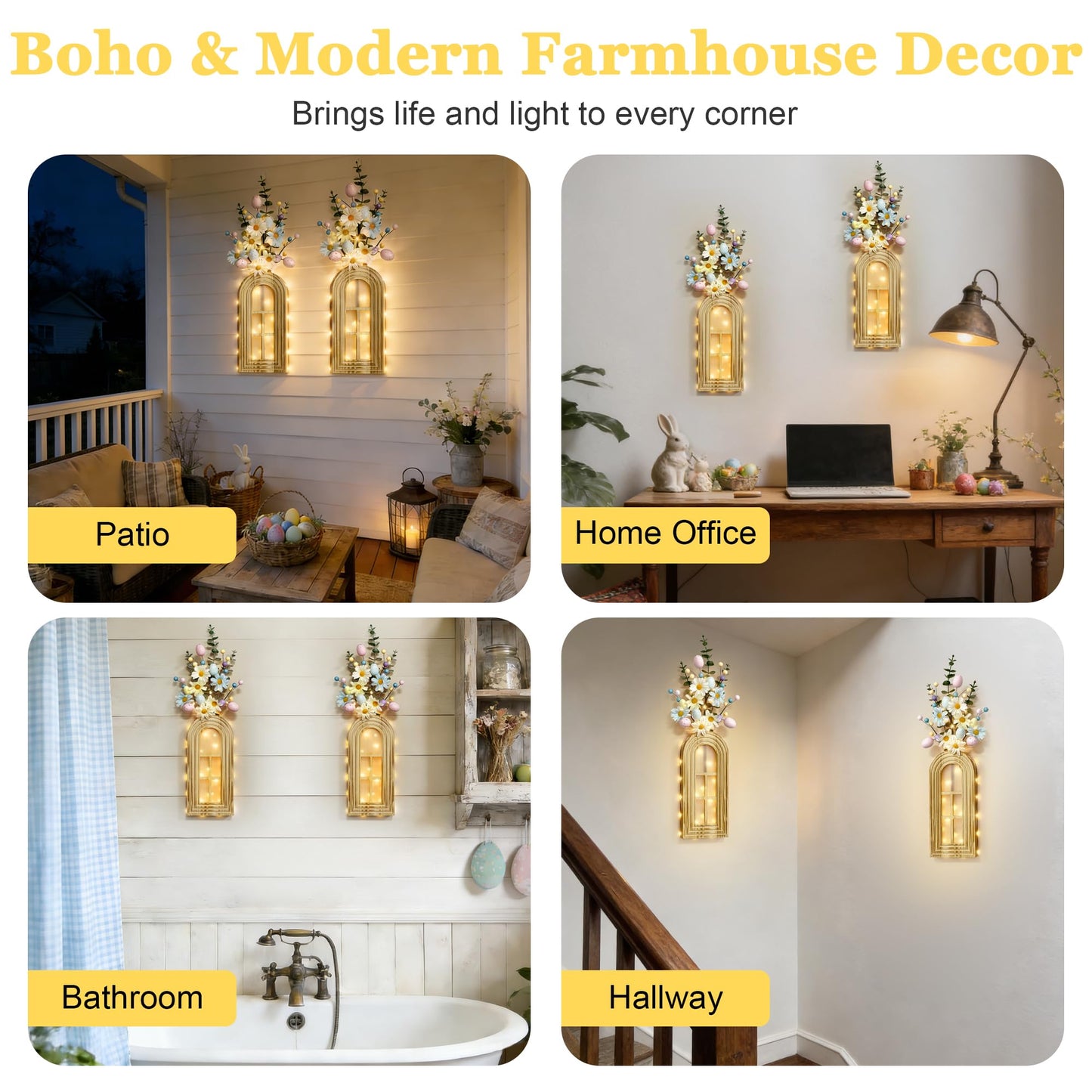 HOMECOR Easter Wall Decor Set of 2 - Boho & Modern Farmhouse Hanging Wooden Vase with Fairy Lights & Artificial Plants, Spring Wall Art for Living Room, Bedroom, Bathroom, Mothers Day Home Decor Gift