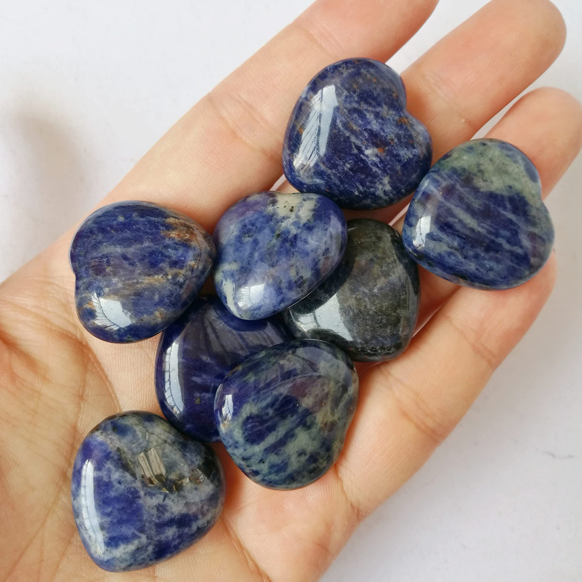 Bacatgem 3 Pcs Natural Sodalite Pocket Palm Thumb Healing Crystal Heart Love Worry Stones,1 inches Reiki Balancing Crystal and Healing Stones