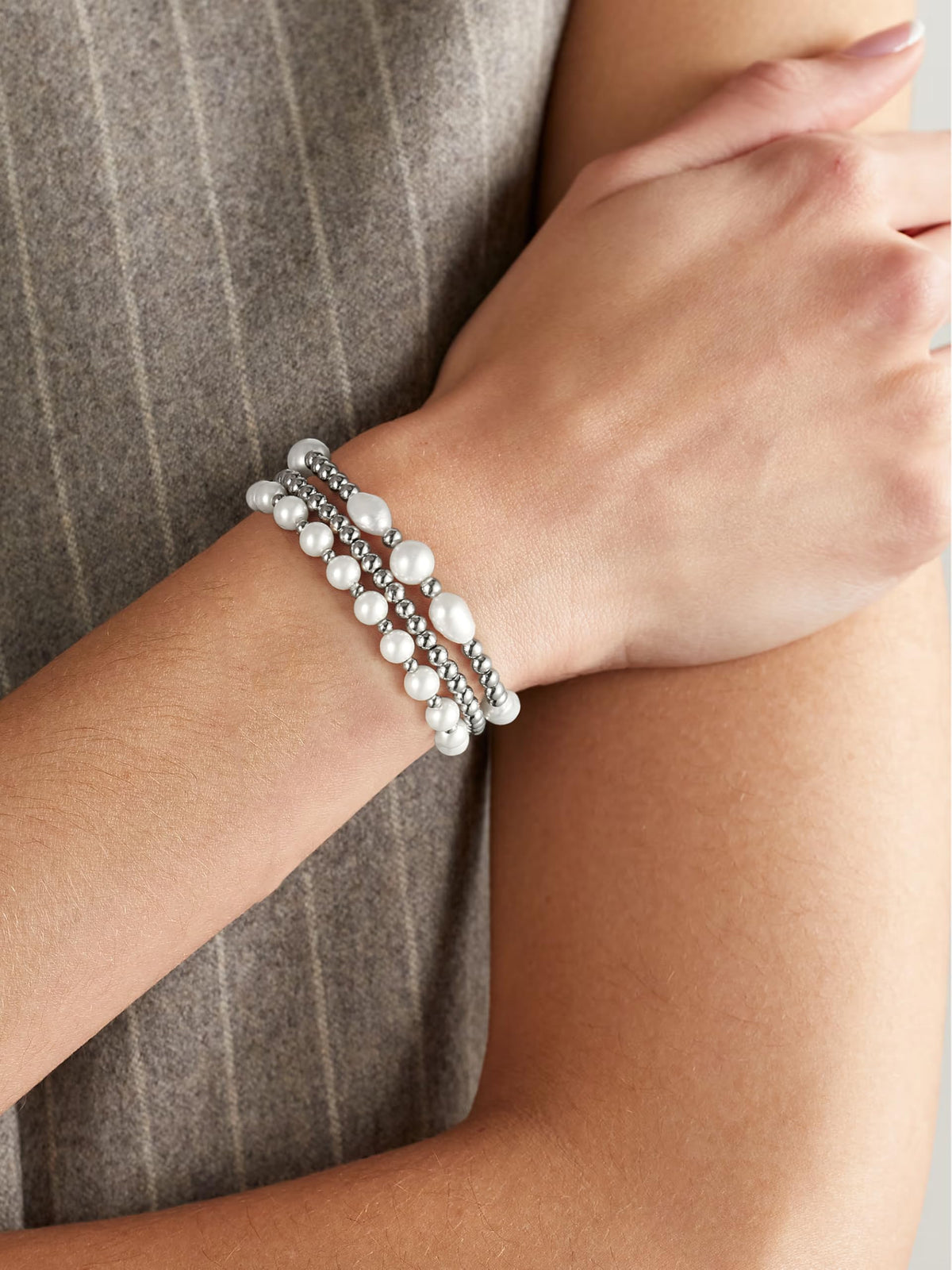 Silver Pearl Bracelets for Women Baroque Pearl Stackable Stretch Bead Ball Bracelet Jewelry Gifts （3PCS)