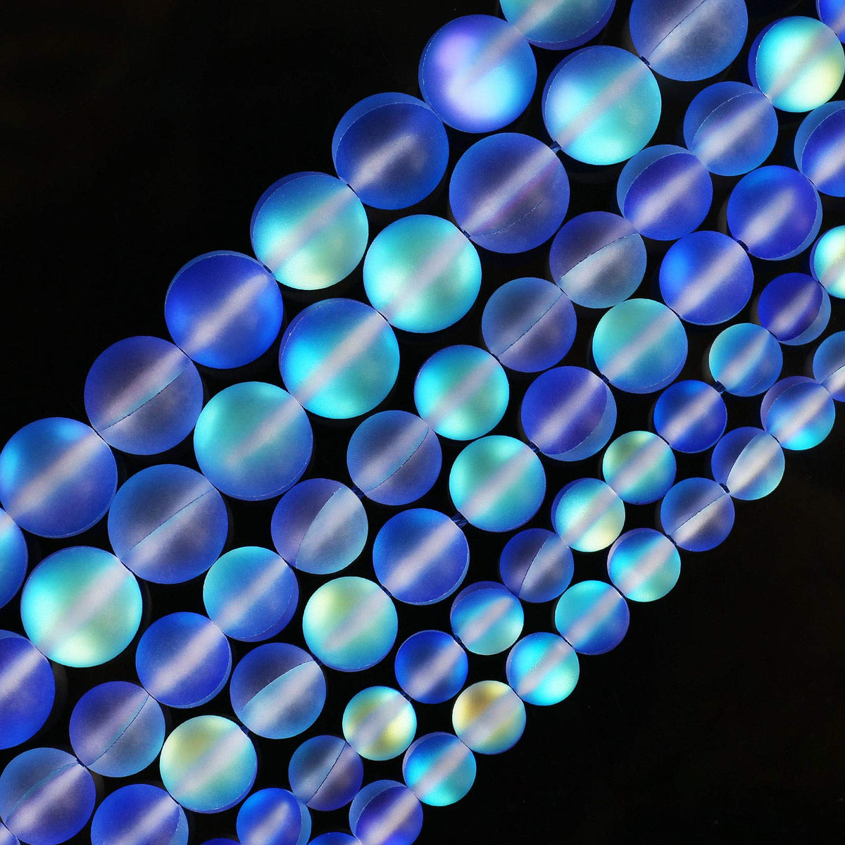 Matte Blue Aurora Crystal Glass Beads, 8MM Frosted Glitter Shining Mermaid Round Loose Beads, Rainbow Holographic Synthetic Moonstone for Jewelry Making DIY Bracelet