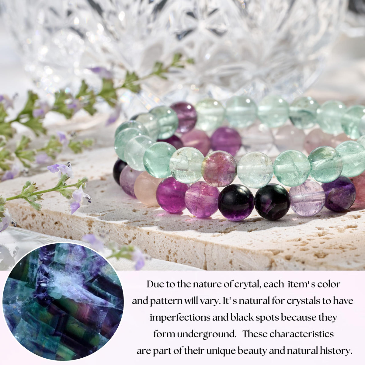 Bivei Natural Gemstone Semi Precious Crystals Handmade Stretchy Round Beads Bracelet, Enhance Positive Energy,Stocking Stuffers for Women(Fluorite(Clarity & Balance) Medium)
