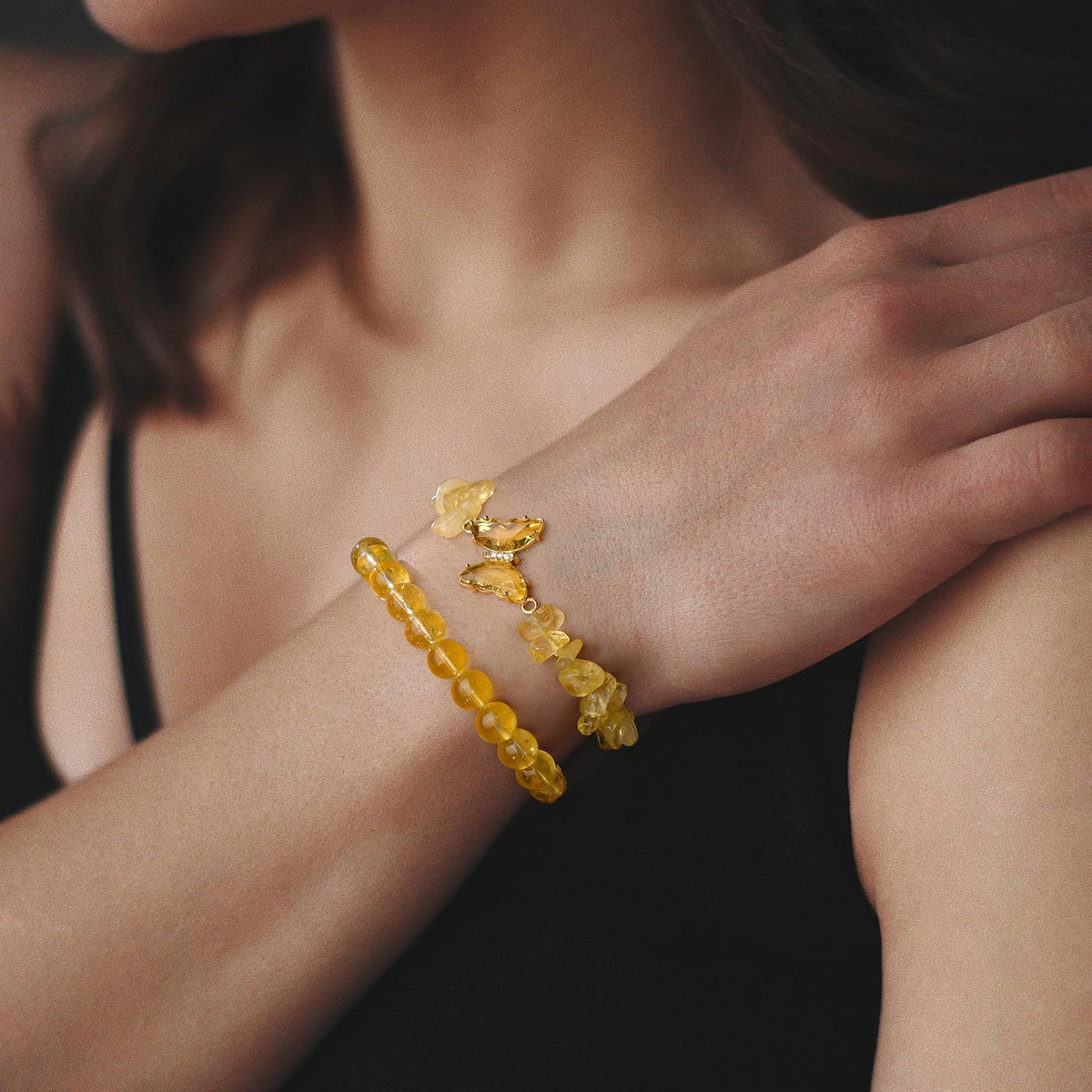 GolbalJew Citrine Bracelet for Women Healing Crystal Stone Bracelets Yellow Gemstone Beads Stretch Bracelet Butterfly Charms Women Jewelry Gift
