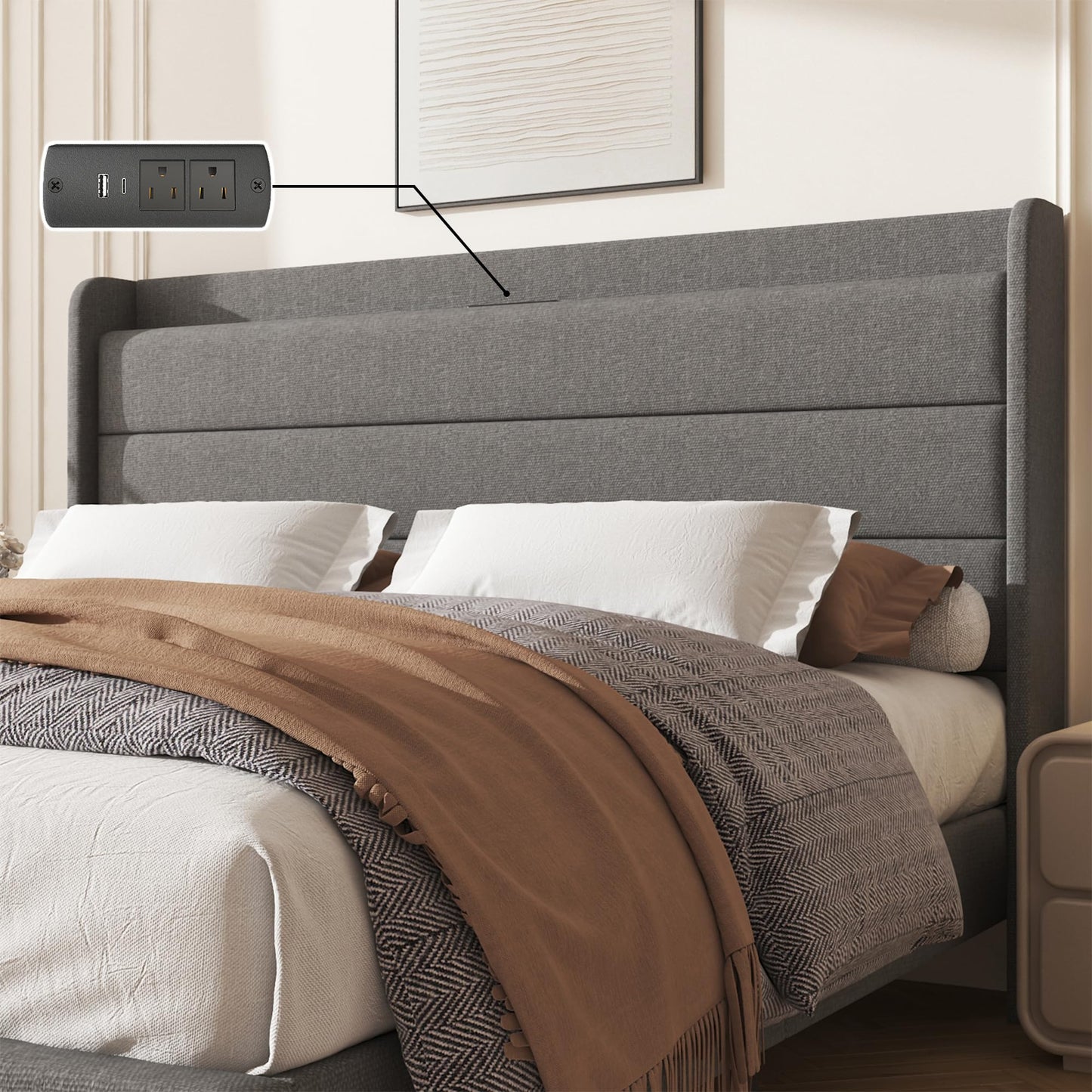 Lcwtvgxr King Size Linen Multifunctional Bed Frame, Wingback Headboard with Charging Station & Storage Shelf, Upholstered Platform Bed, Noise Free, No Box Spring Needed, Easy Assembly, Grey