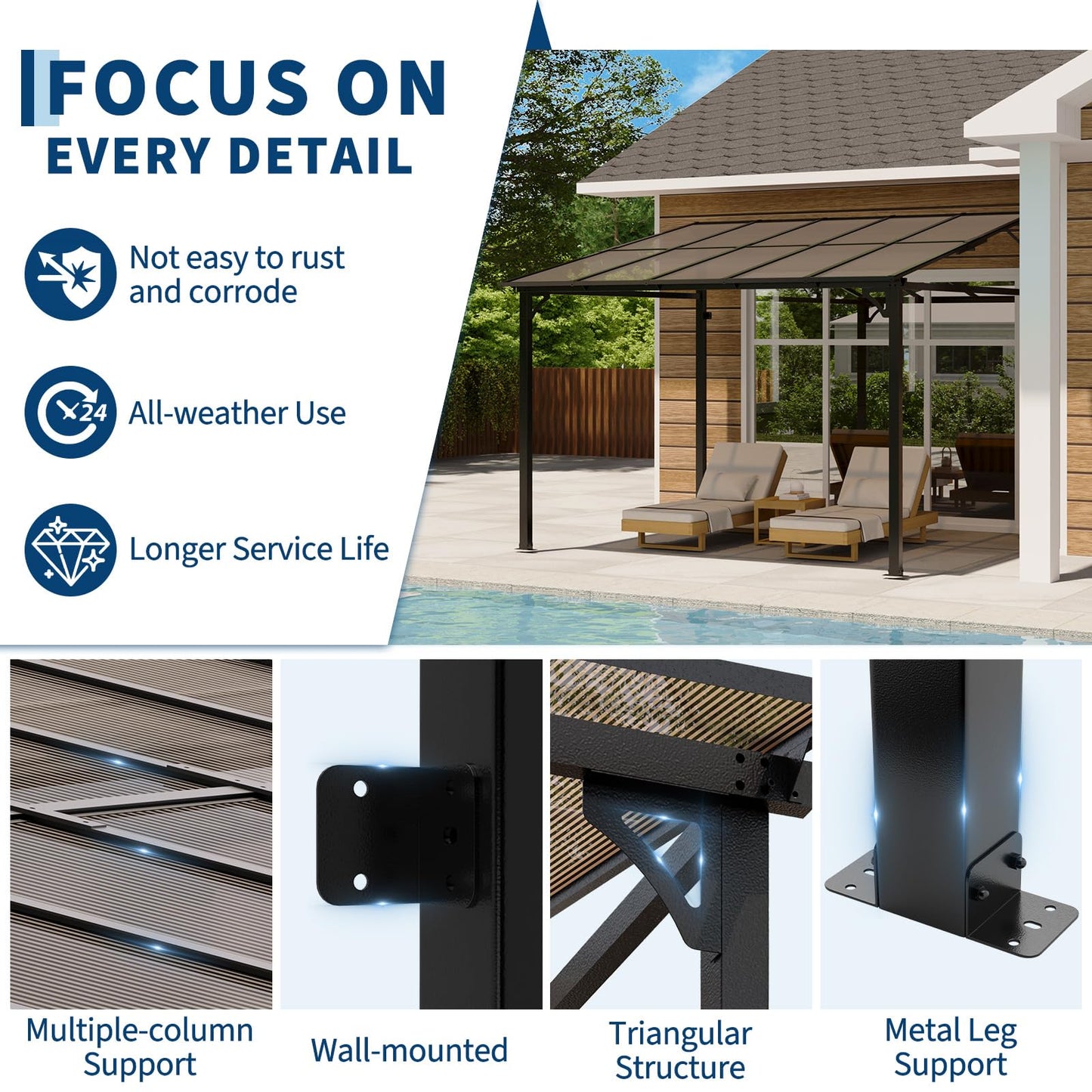 Acekool 10x10 Ft Wall Mounted Gazebo Pergola, Outdoor Lean to Gazebo Hardtop with Polycarbonate Roof, Upgraded Steel Frame Hardtop Pavilion for Patio, Garden, Lawn, Deck