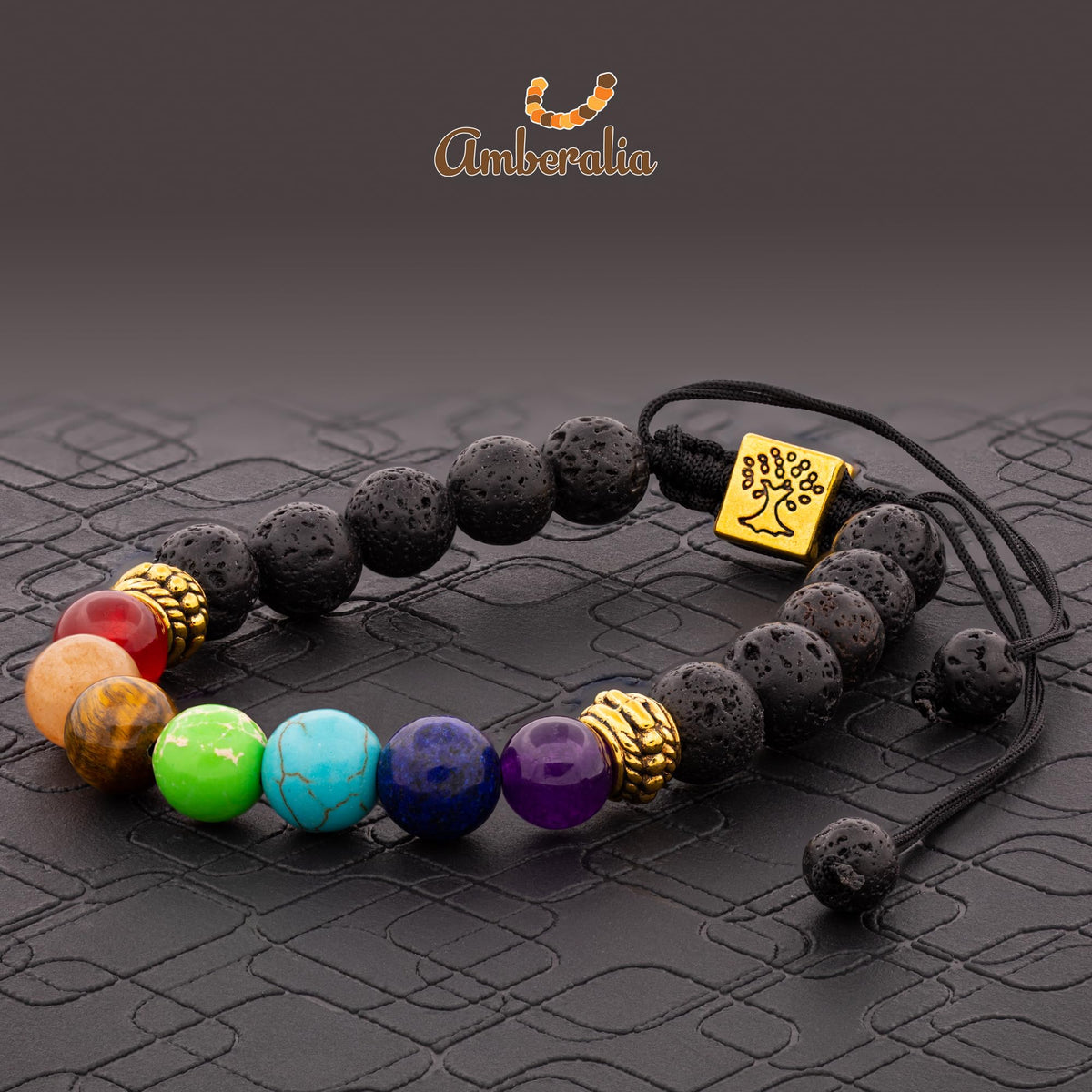 Amberalia Chakra Bracelet, Adjustable, Lava Stone Beads, Tree of Life Charm, Gold