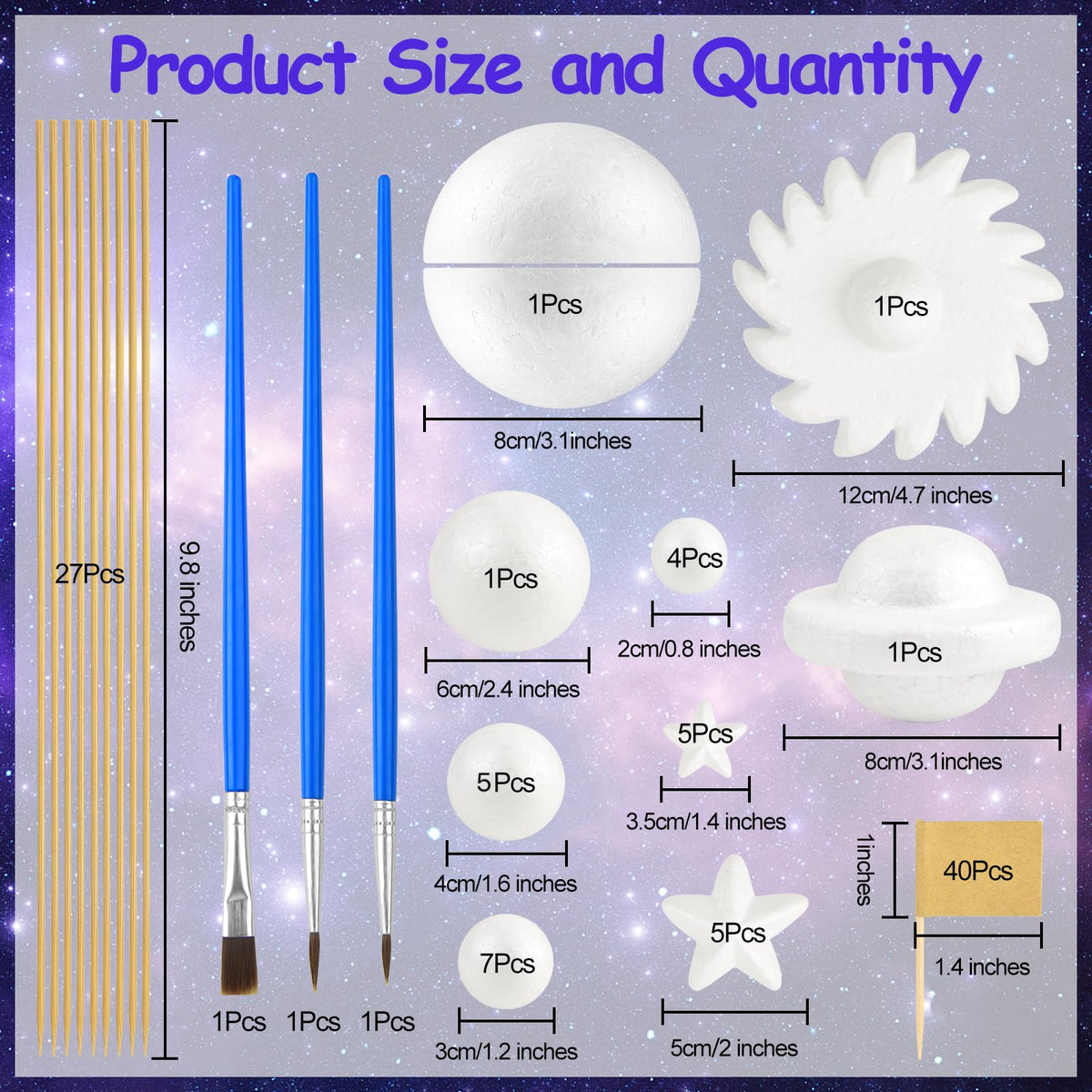 100 Pieces Solar System Model Foam Ball Kit Includes Mixed Sized Polystyrene Balls Toothpick Flag Bamboo Sticks Painting Brushes for School Science Project DIY Planet Handcraft