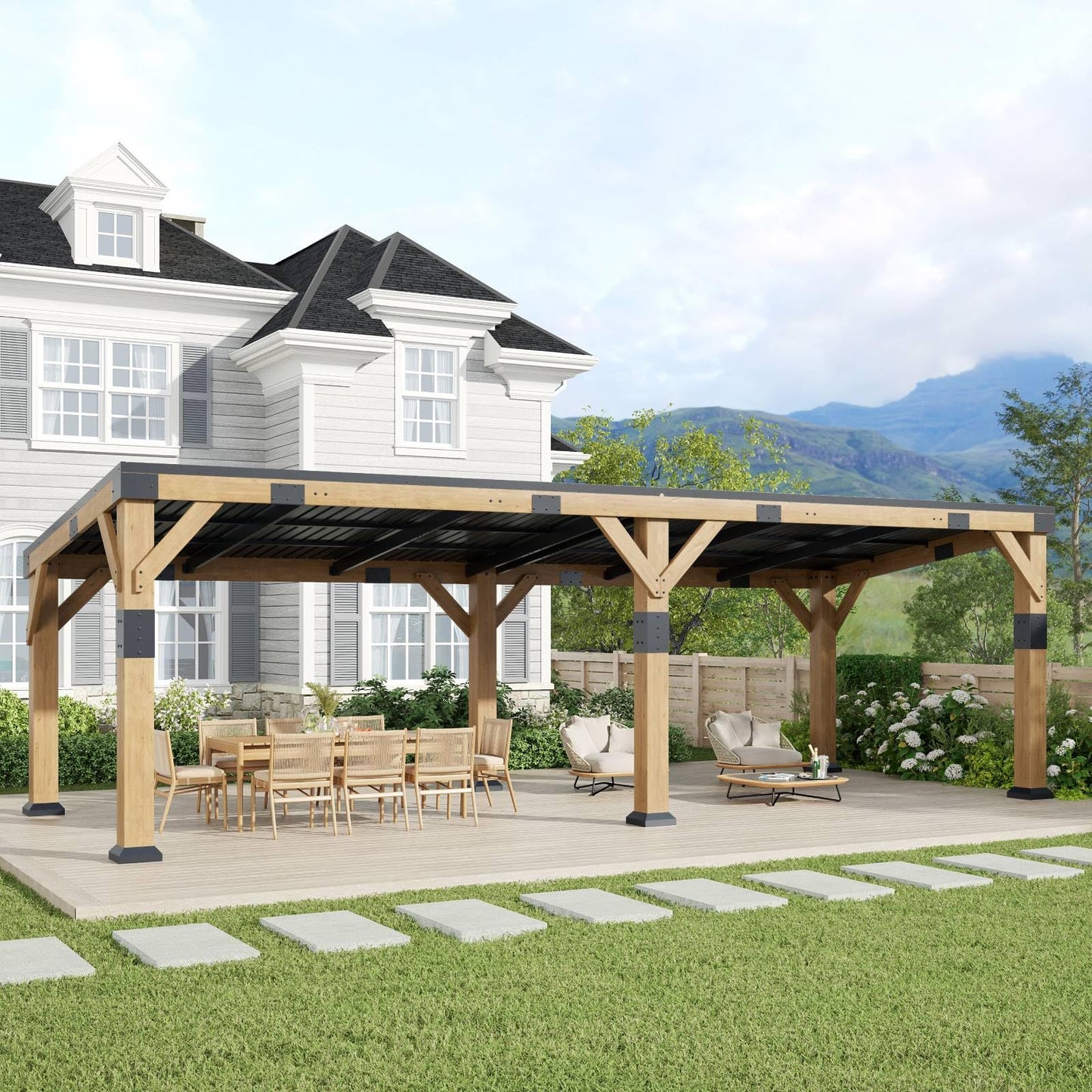 GOHONEI10x22 ft Cedar Wood Gazebo with Sloped Galvanized Steel Roof, Hardtop Gazebo Pavilion with Durable, Rot-Resistant Construction, Permanent Outdoor Pergola for Backyard, Garden & Deck